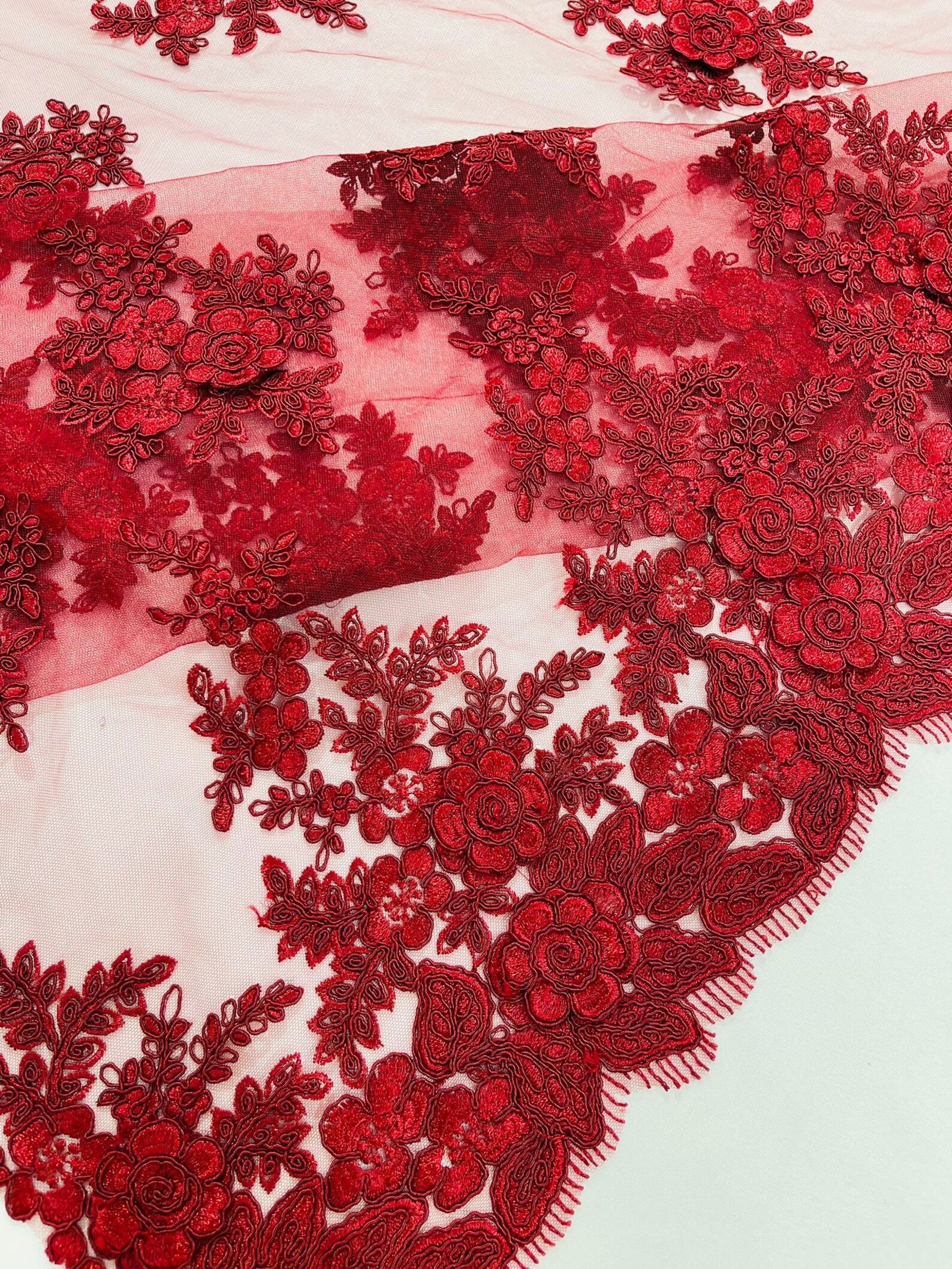 3D - Embroidery Damask Design With Sequins On A Mesh Lace Fabric By Yard. Burgundy