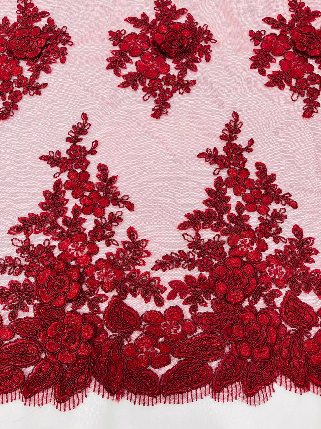 3D - Embroidery Damask Design With Sequins On A Mesh Lace Fabric By Yard. Burgundy
