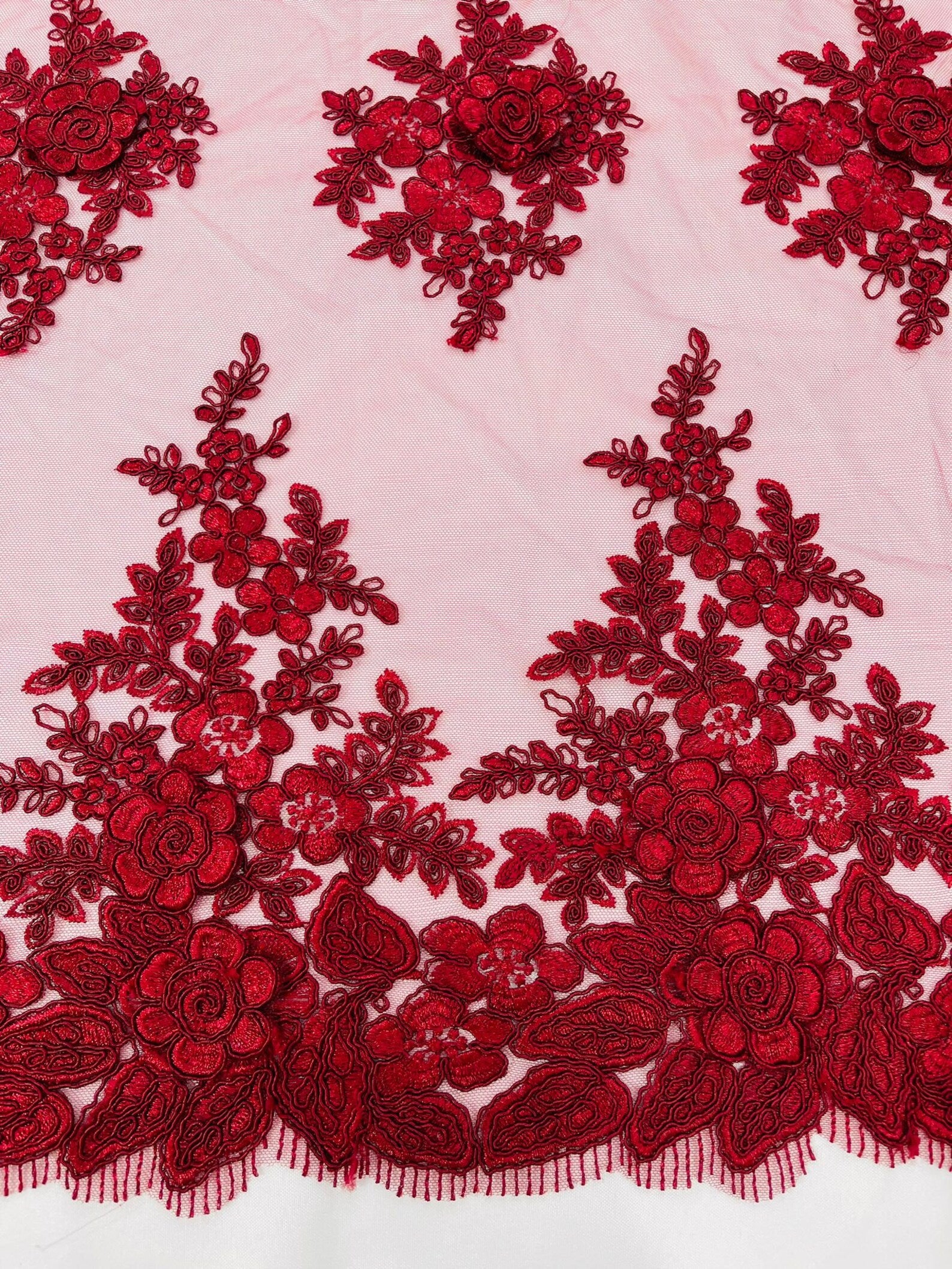 3D - Embroidery Damask Design With Sequins On A Mesh Lace Fabric By Yard. Burgundy