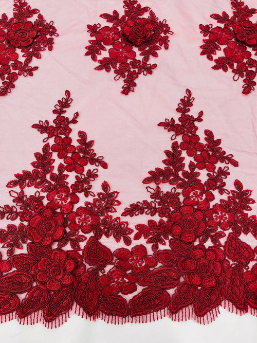3D - Embroidery Damask Design With Sequins On A Mesh Lace Fabric By Yard. Burgundy