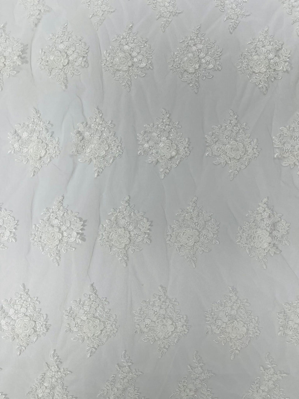 3D - Embroidery Damask Design With Sequins On A Mesh Lace Fabric By Yard. Ivory
