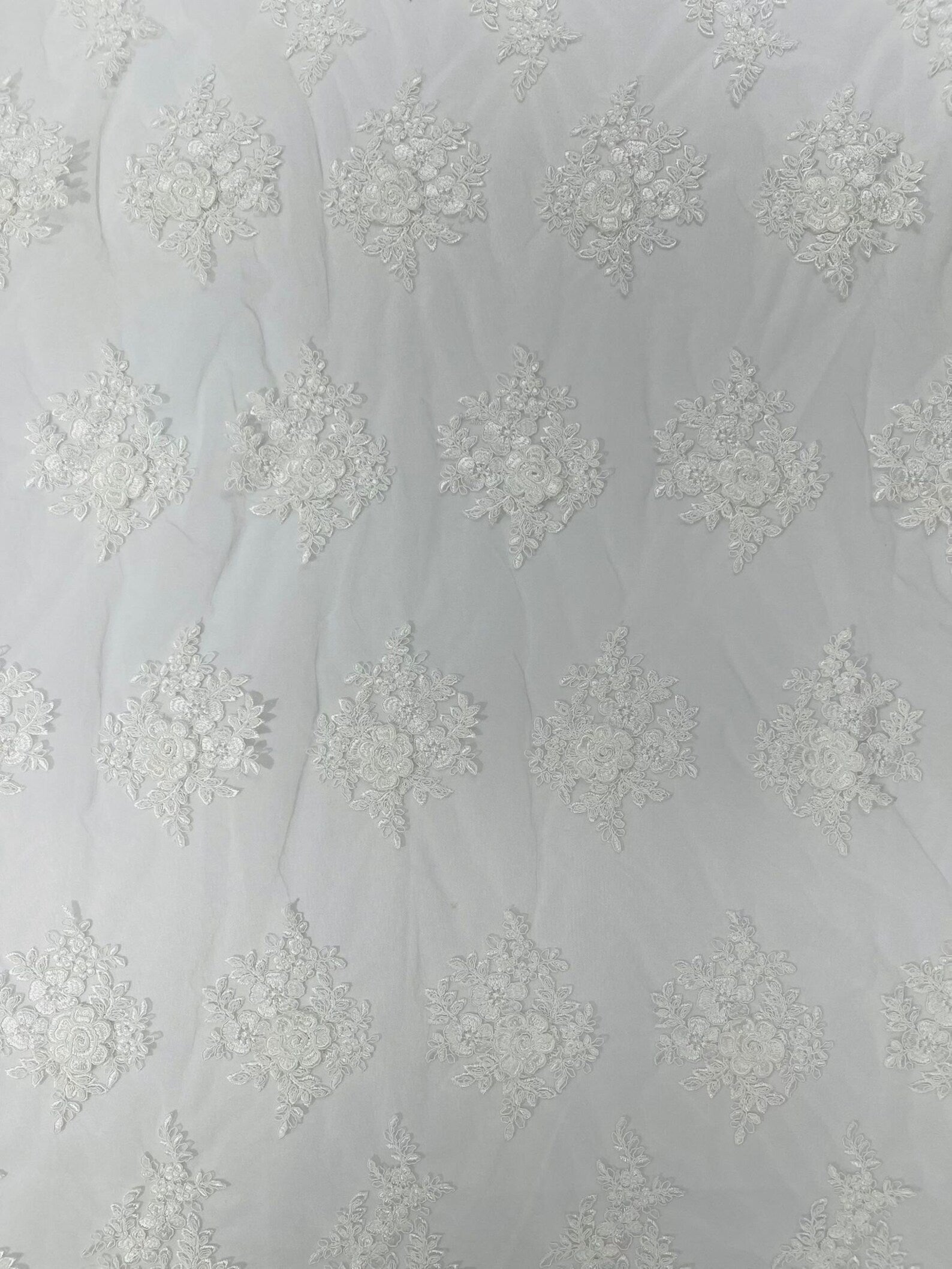 3D - Embroidery Damask Design With Sequins On A Mesh Lace Fabric By Yard. Ivory