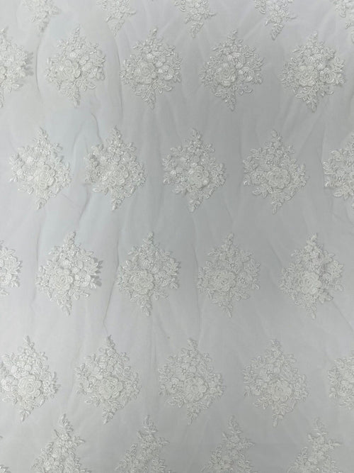 3D - Embroidery Damask Design With Sequins On A Mesh Lace Fabric By Yard. Ivory