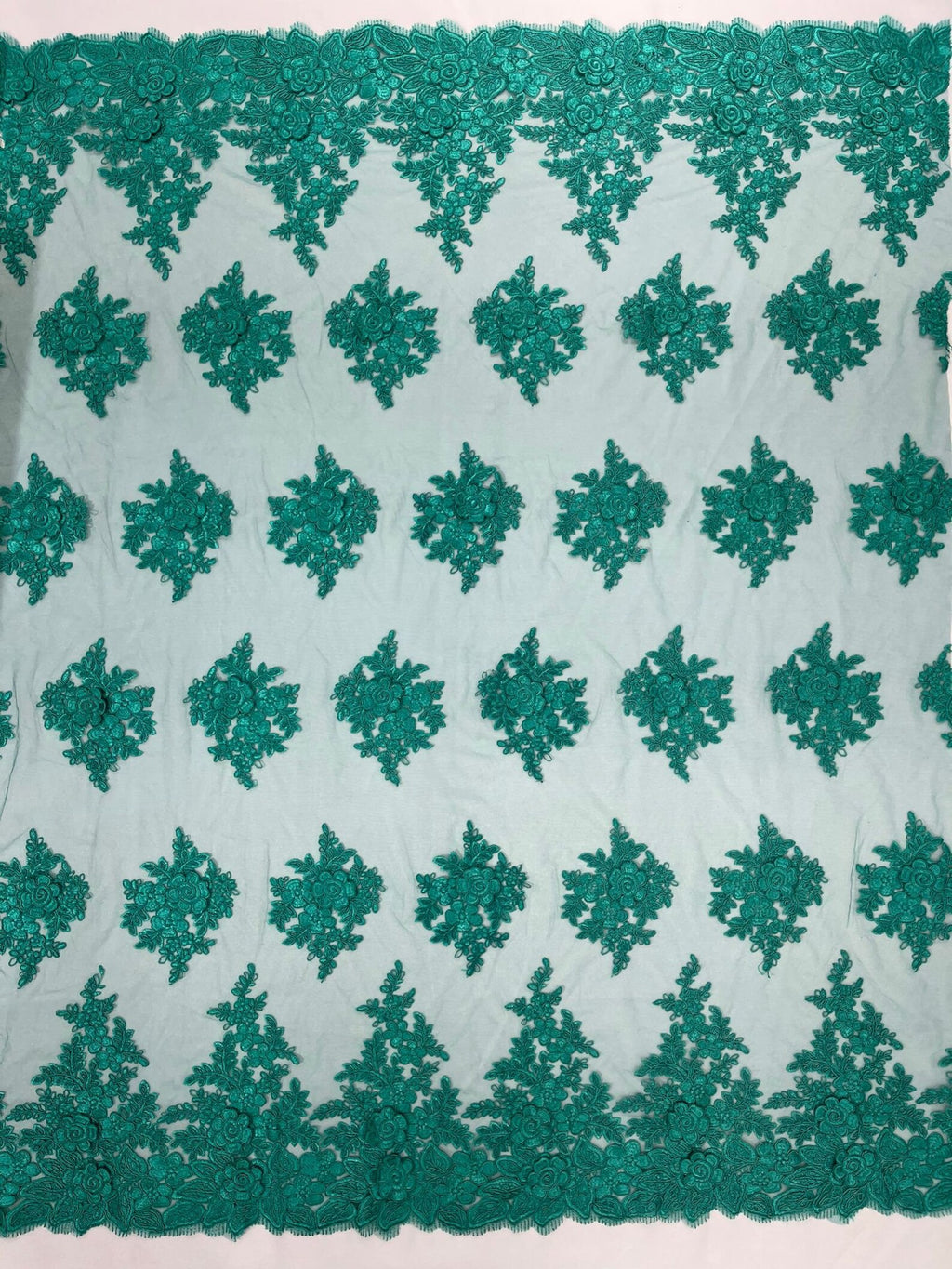 3D - Embroidery Damask Design With Sequins On A Mesh Lace Fabric By Yard. Jade
