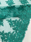 3D - Embroidery Damask Design With Sequins On A Mesh Lace Fabric By Yard. Jade