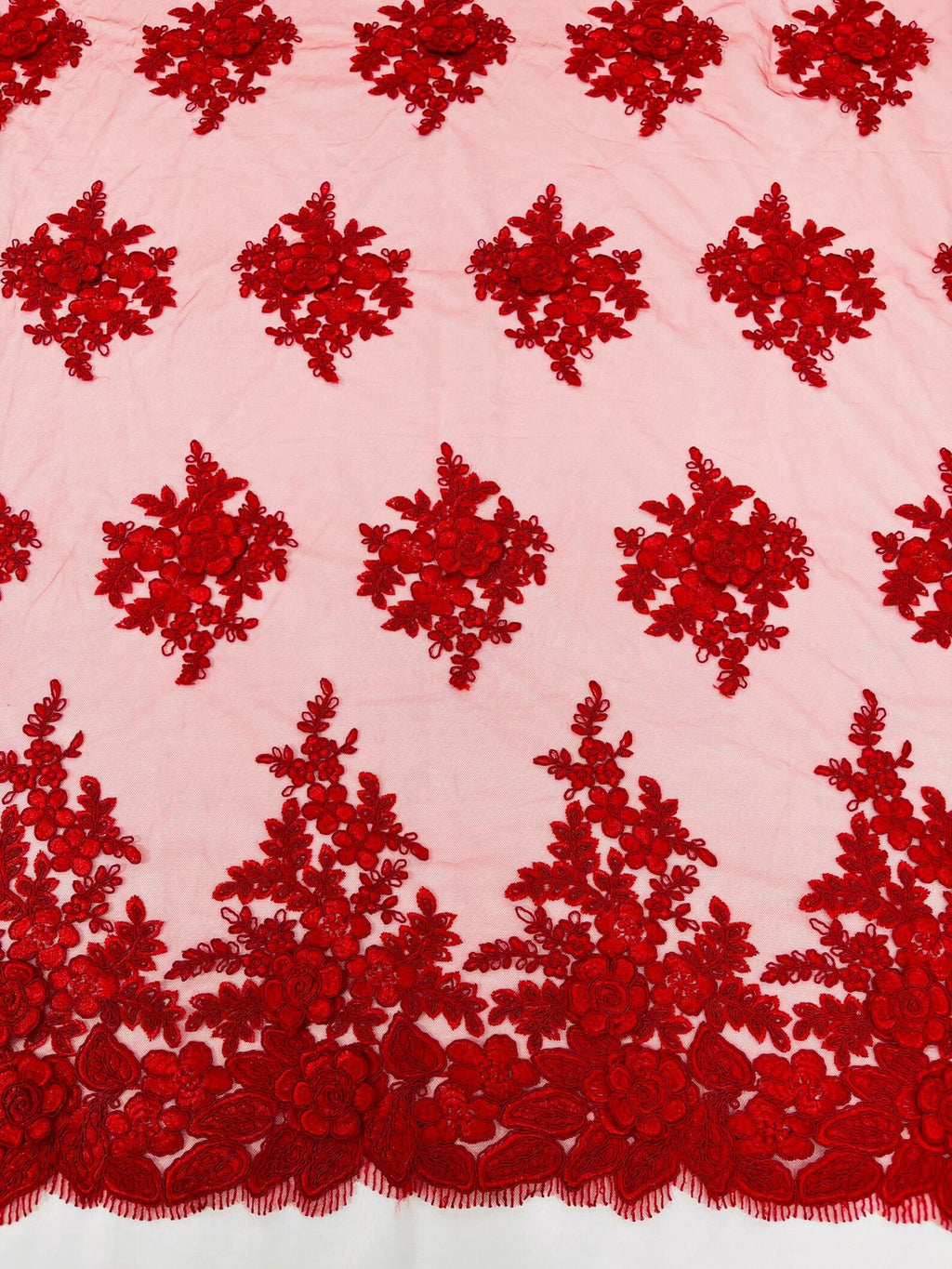 3D - Embroidery Damask Design With Sequins On A Mesh Lace Fabric By Yard. Red