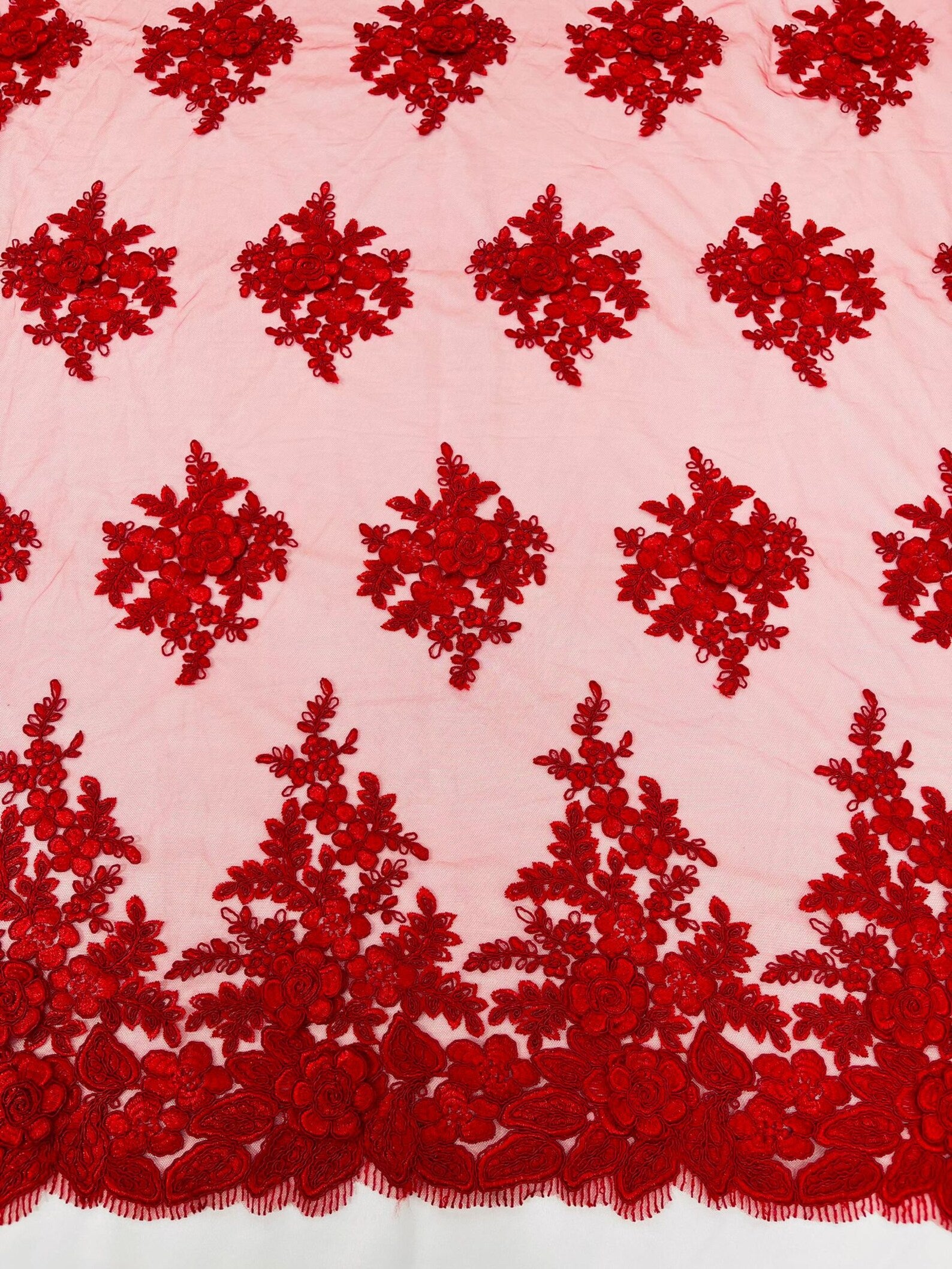 3D - Embroidery Damask Design With Sequins On A Mesh Lace Fabric By Yard. Red