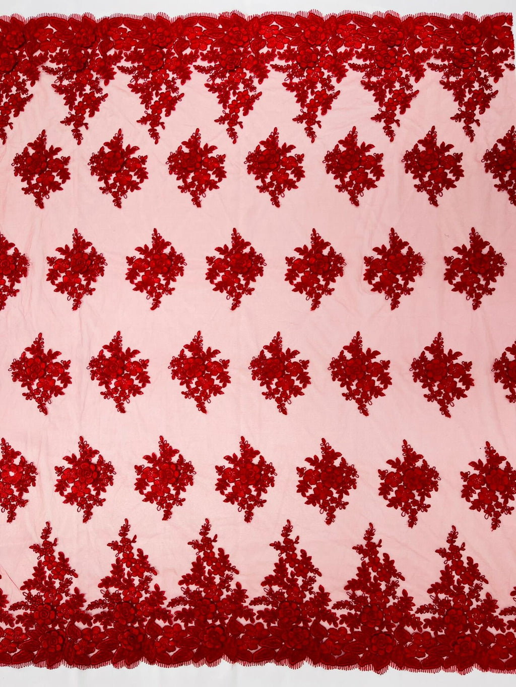 3D - Embroidery Damask Design With Sequins On A Mesh Lace Fabric By Yard. Red