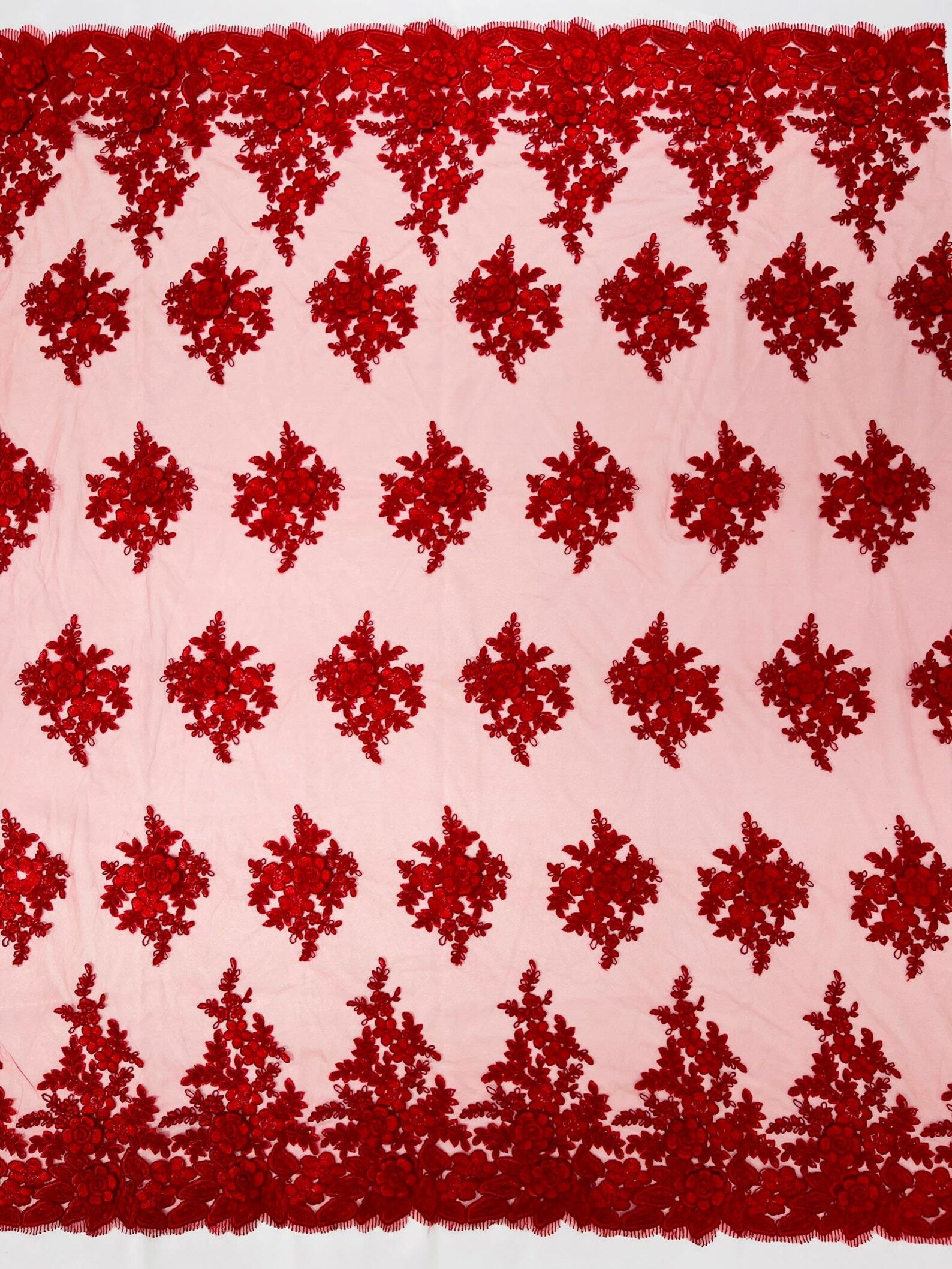 3D - Embroidery Damask Design With Sequins On A Mesh Lace Fabric By Yard. Red