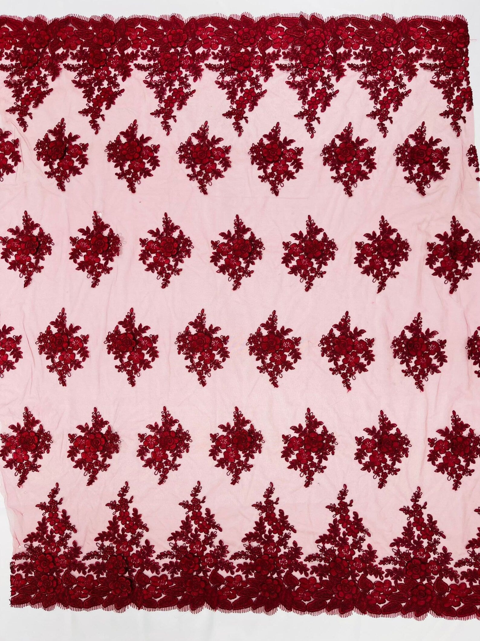 3D - Embroidery Damask Design With Sequins On A Mesh Lace Fabric By Yard. Burgundy