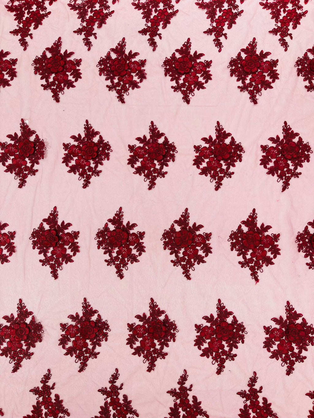 3D - Embroidery Damask Design With Sequins On A Mesh Lace Fabric By Yard. Burgundy