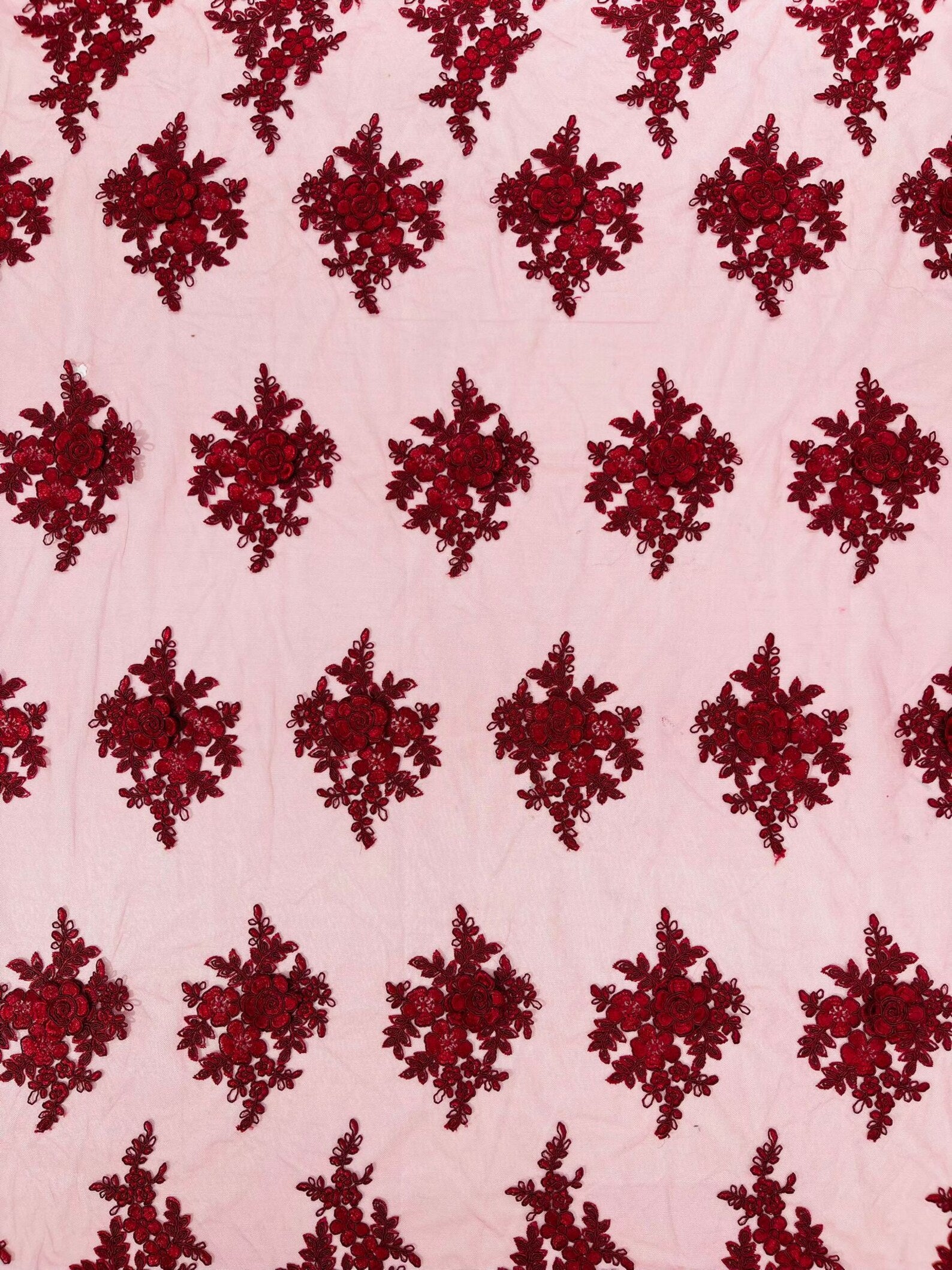 3D - Embroidery Damask Design With Sequins On A Mesh Lace Fabric By Yard. Burgundy