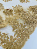 3D - Embroidery Damask Design With Sequins On A Mesh Lace Fabric By Yard. Gold