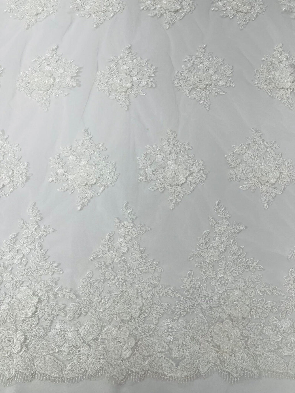 3D - Embroidery Damask Design With Sequins On A Mesh Lace Fabric By Yard. Ivory