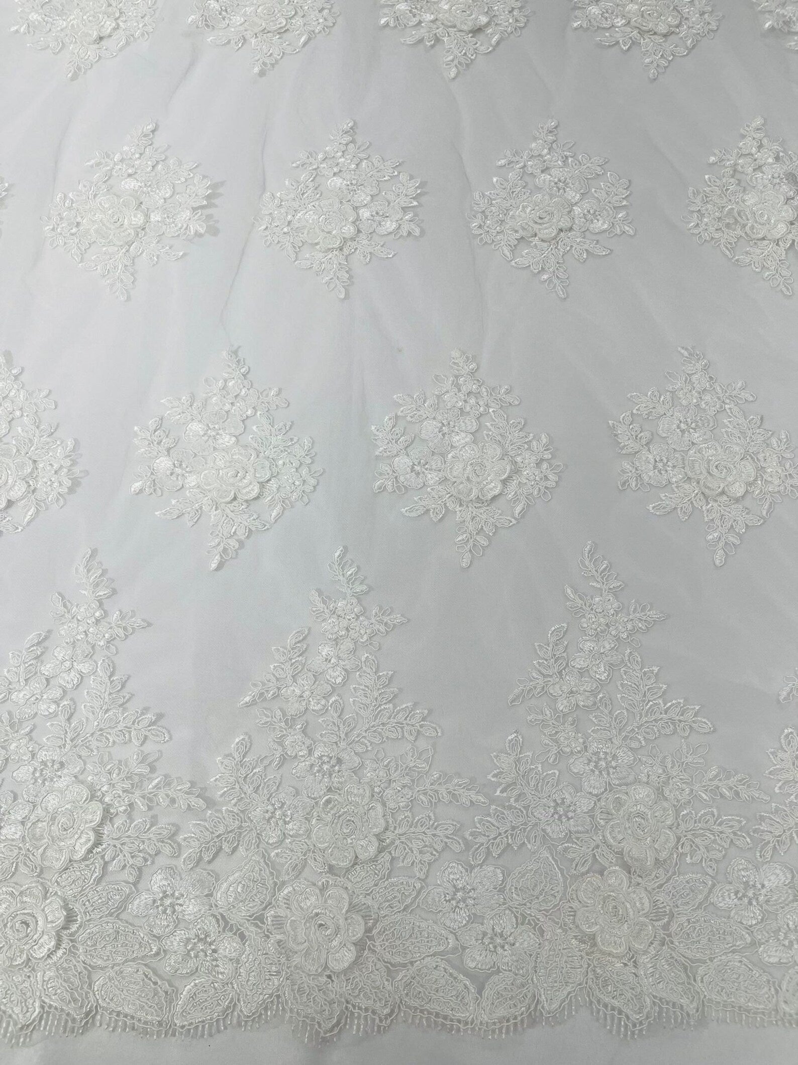 3D - Embroidery Damask Design With Sequins On A Mesh Lace Fabric By Yard. Ivory
