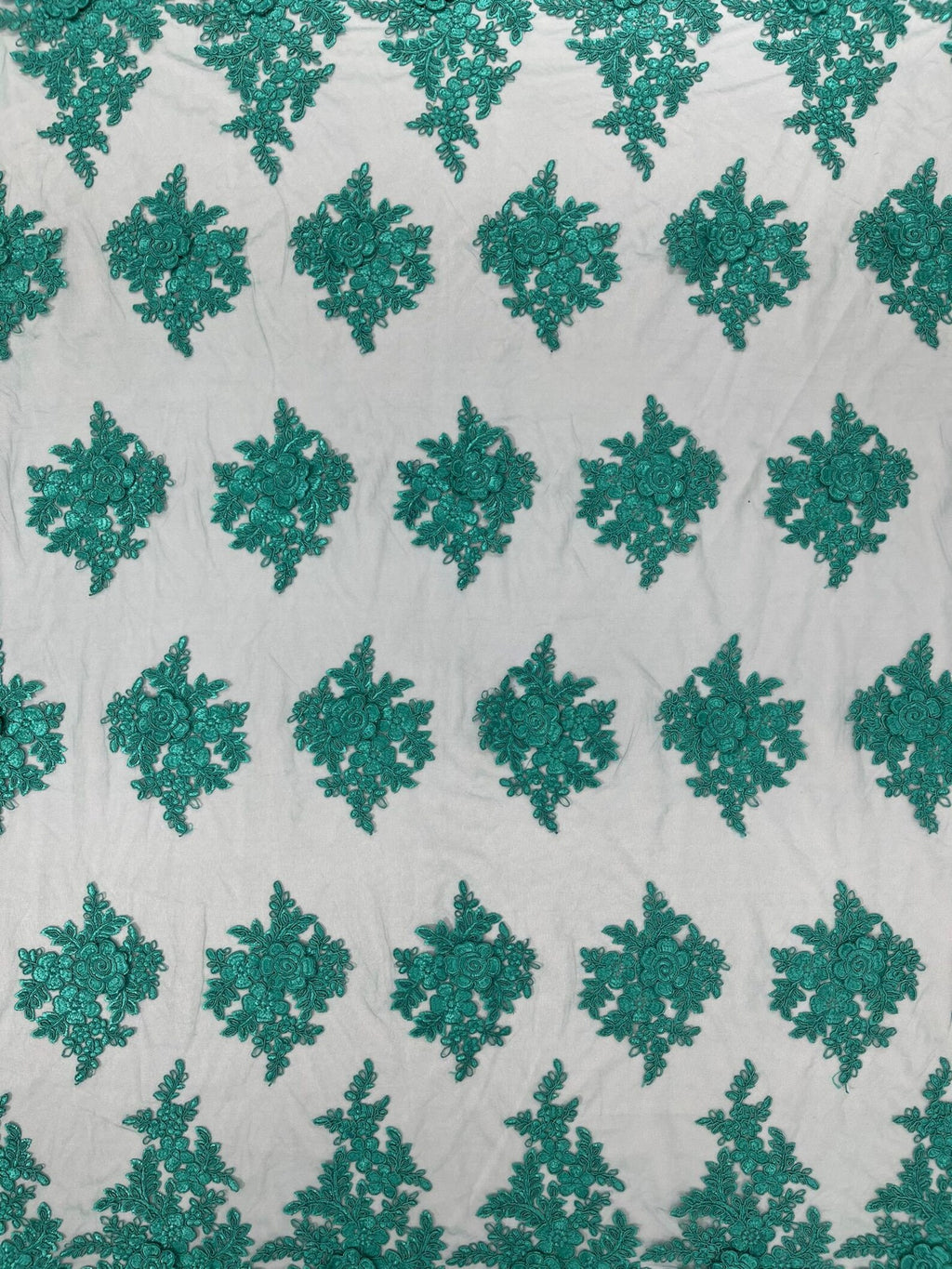 3D - Embroidery Damask Design With Sequins On A Mesh Lace Fabric By Yard. Jade
