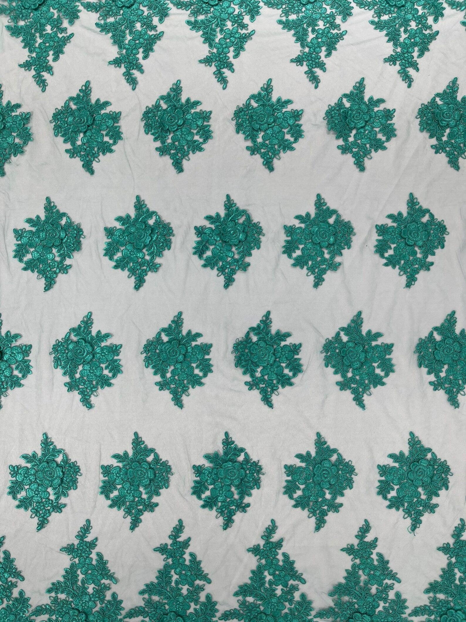 3D - Embroidery Damask Design With Sequins On A Mesh Lace Fabric By Yard. Jade
