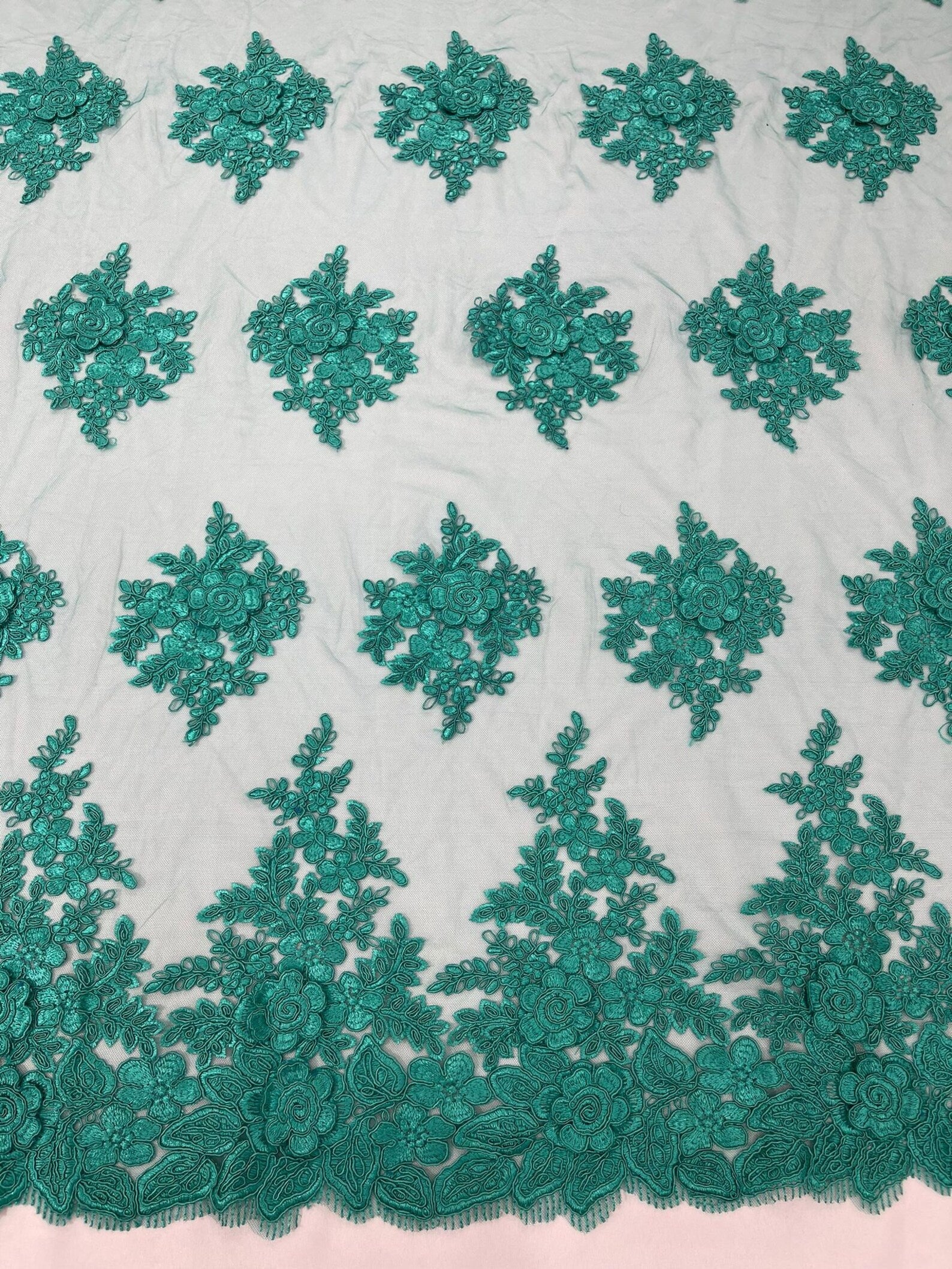 3D - Embroidery Damask Design With Sequins On A Mesh Lace Fabric By Yard. Jade