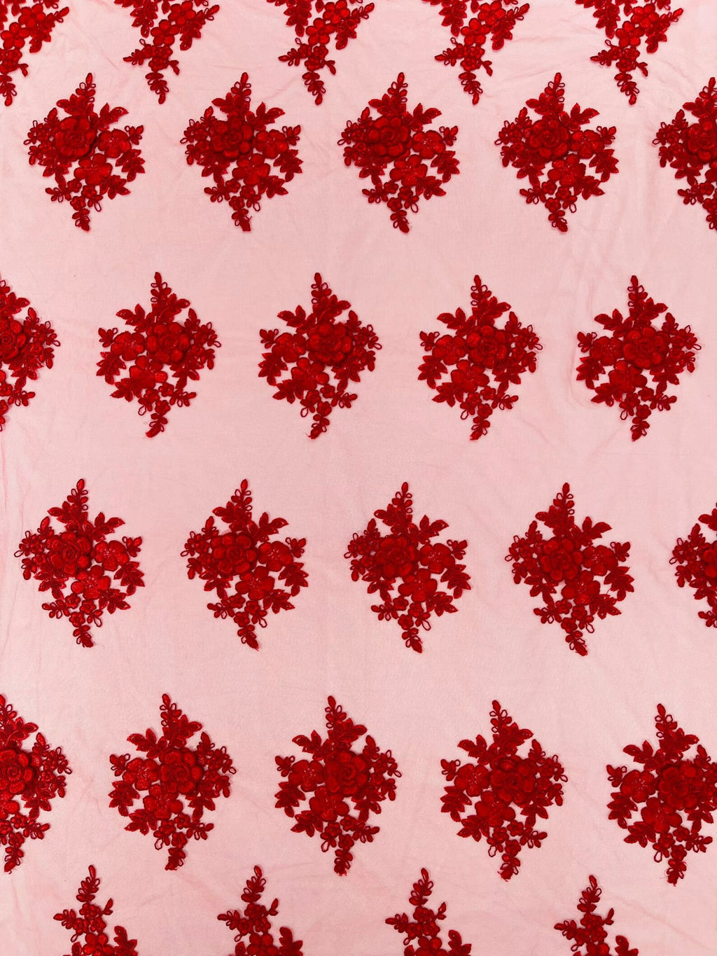 3D - Embroidery Damask Design With Sequins On A Mesh Lace Fabric By Yard. Red
