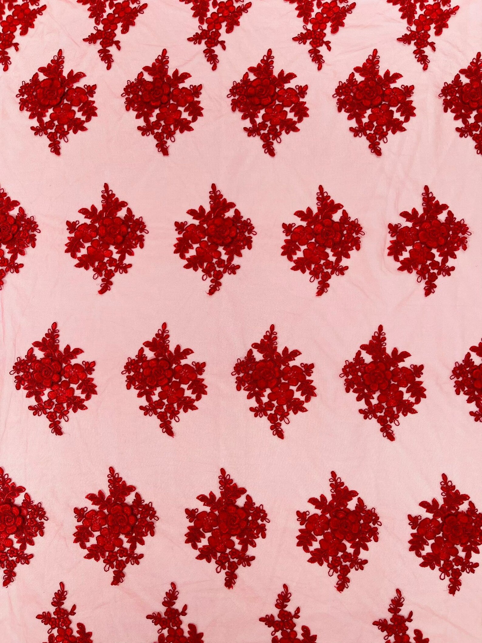 3D - Embroidery Damask Design With Sequins On A Mesh Lace Fabric By Yard. Red