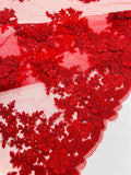 3D - Embroidery Damask Design With Sequins On A Mesh Lace Fabric By Yard. Red