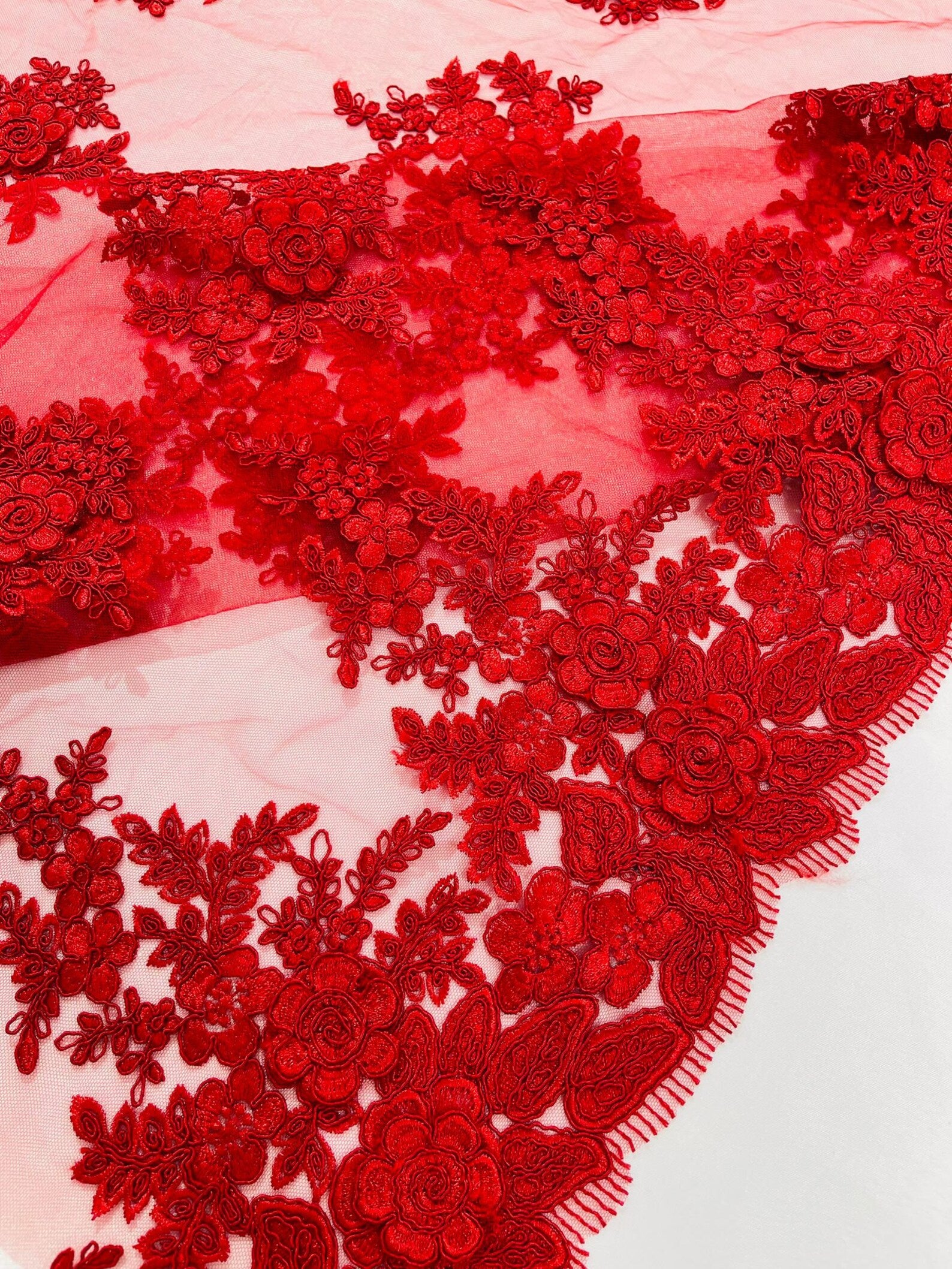 3D - Embroidery Damask Design With Sequins On A Mesh Lace Fabric By Yard. Red