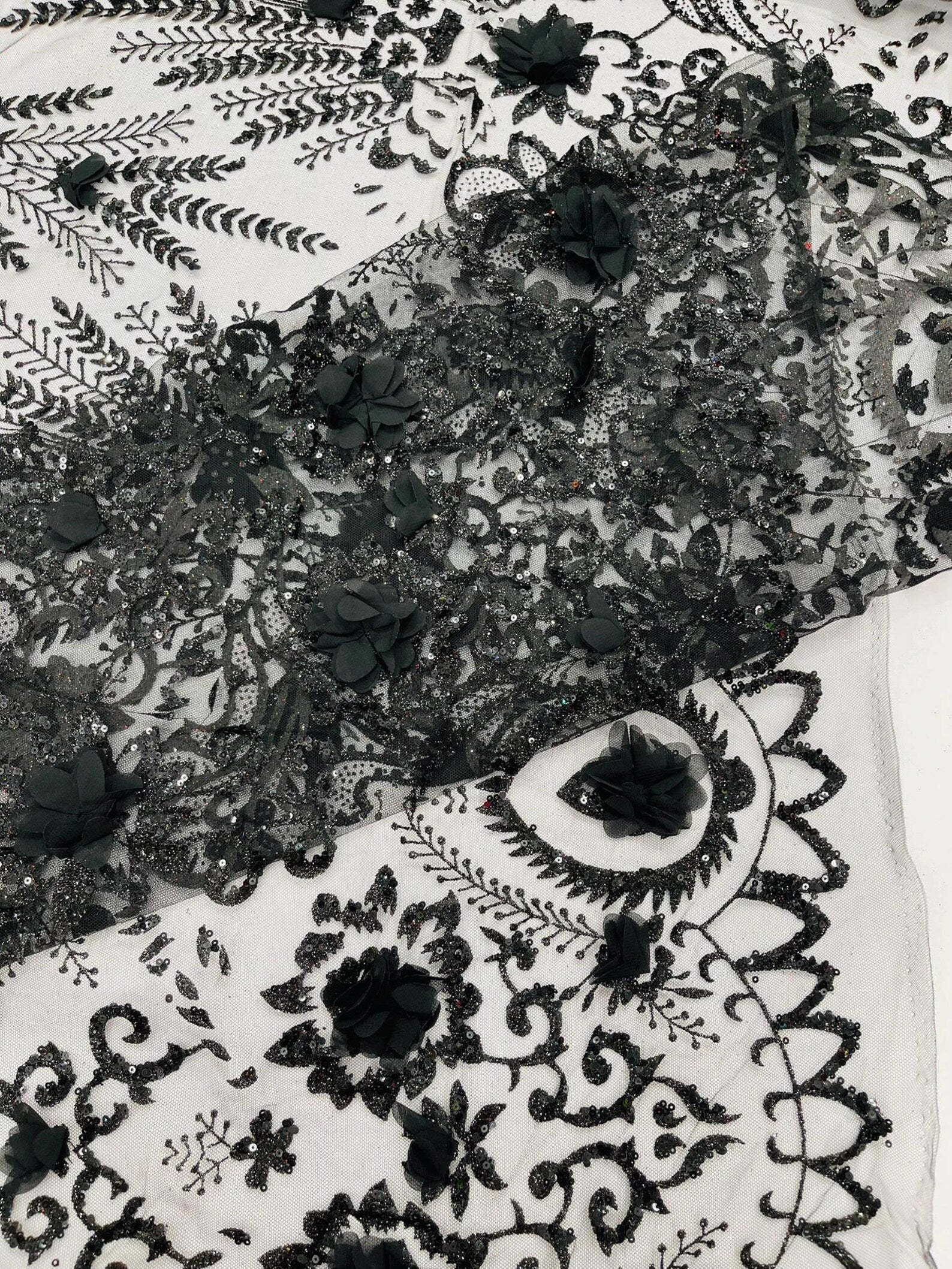 Floral 3D Damask with Glitter Mesh Lace Fabric - Sold By The Yard. Black