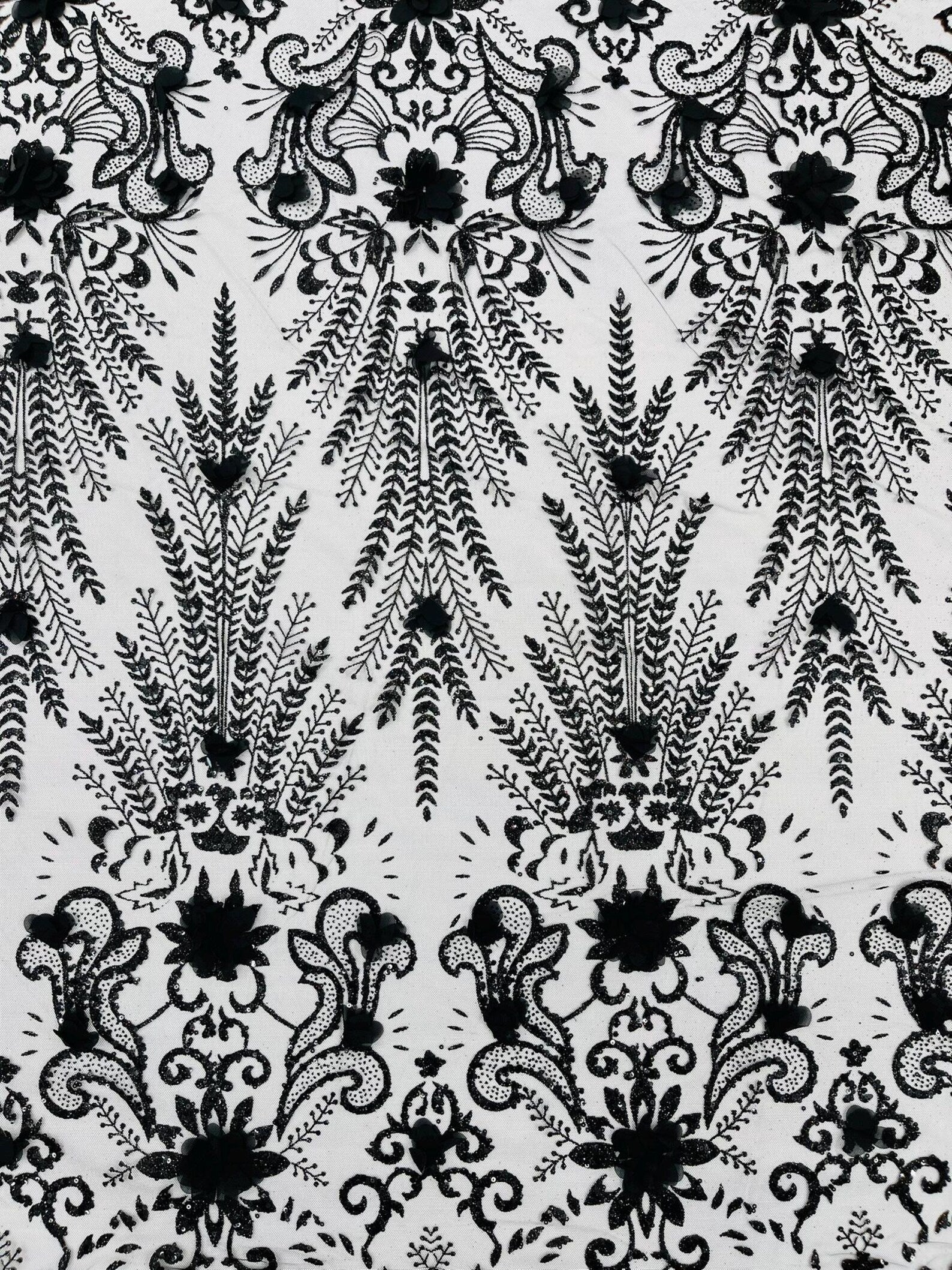 Floral 3D Damask with Glitter Mesh Lace Fabric - Sold By The Yard. Black