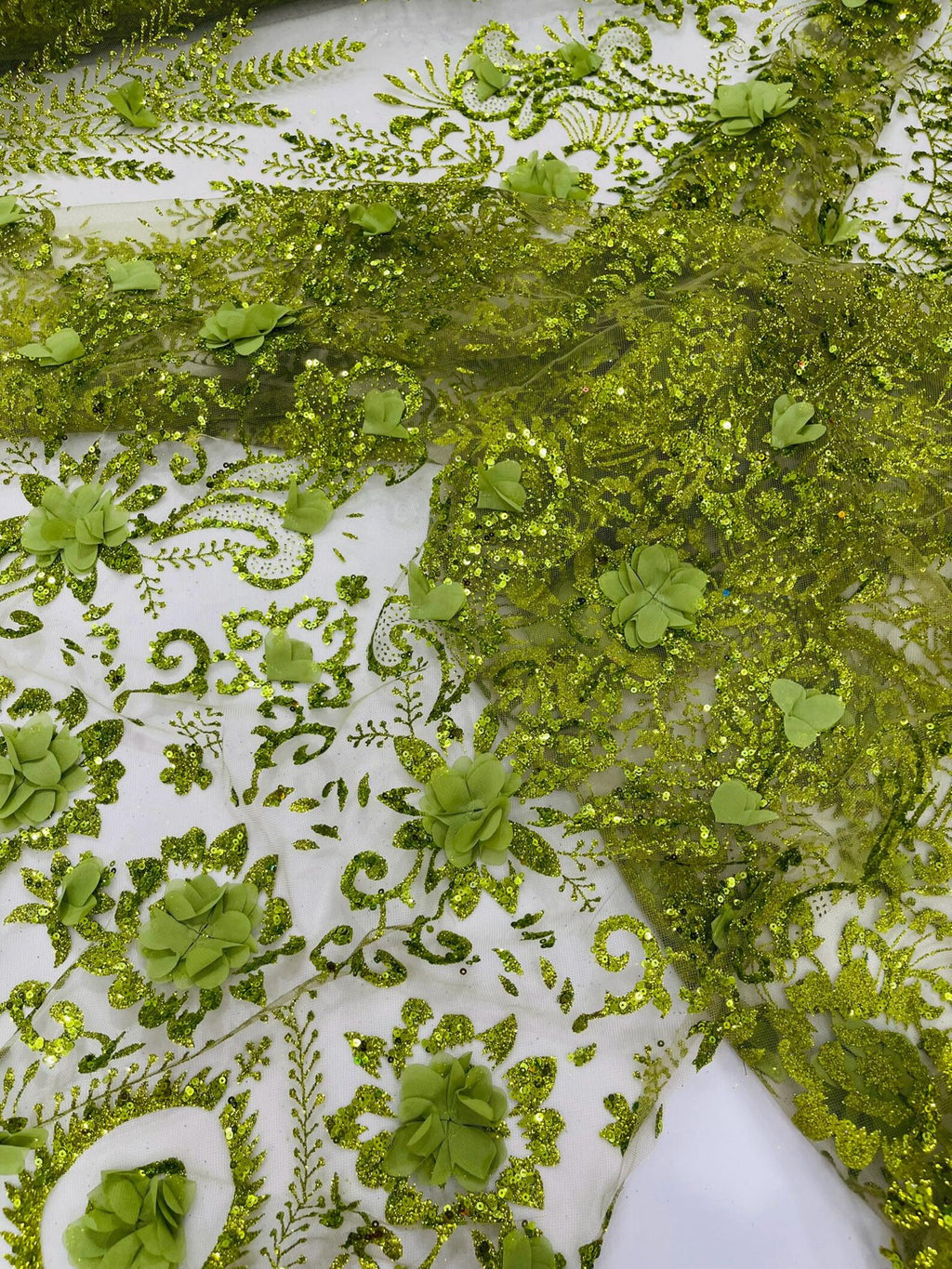 Floral 3D Damask with Glitter Mesh Lace Fabric - Sold By The Yard. Olive Green