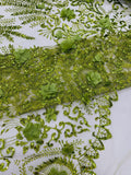 Floral 3D Damask with Glitter Mesh Lace Fabric - Sold By The Yard. Olive Green
