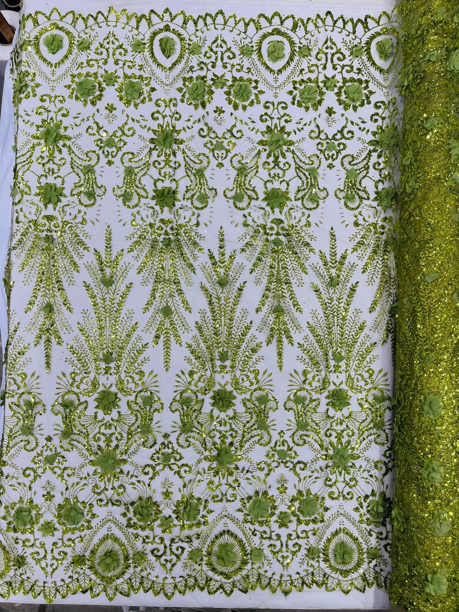 Floral 3D Damask with Glitter Mesh Lace Fabric - Sold By The Yard. Olive Green