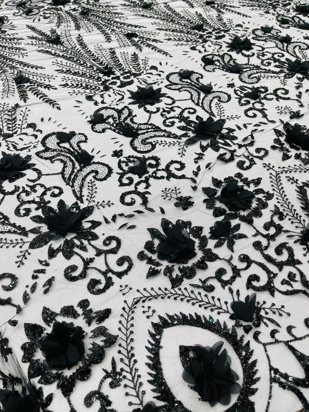 Floral 3D Damask with Glitter Mesh Lace Fabric - Sold By The Yard. Black