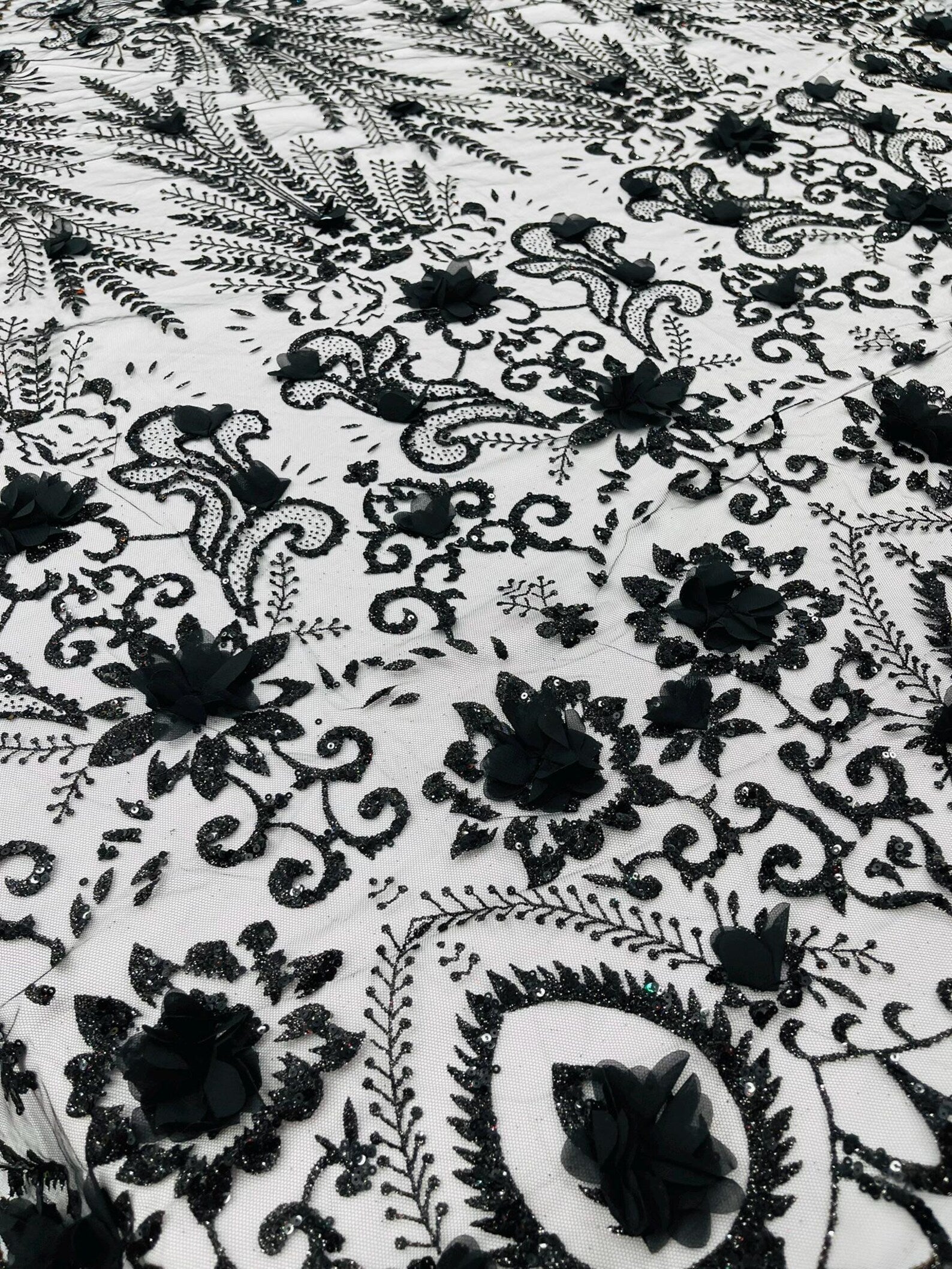 Floral 3D Damask with Glitter Mesh Lace Fabric - Sold By The Yard. Black