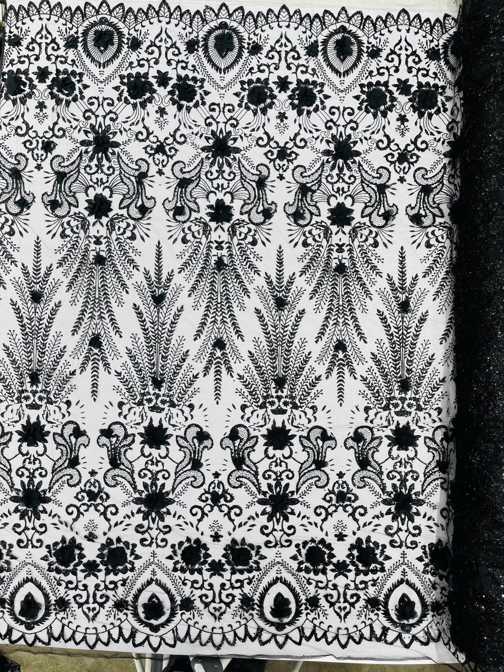 Floral 3D Damask with Glitter Mesh Lace Fabric - Sold By The Yard. Black