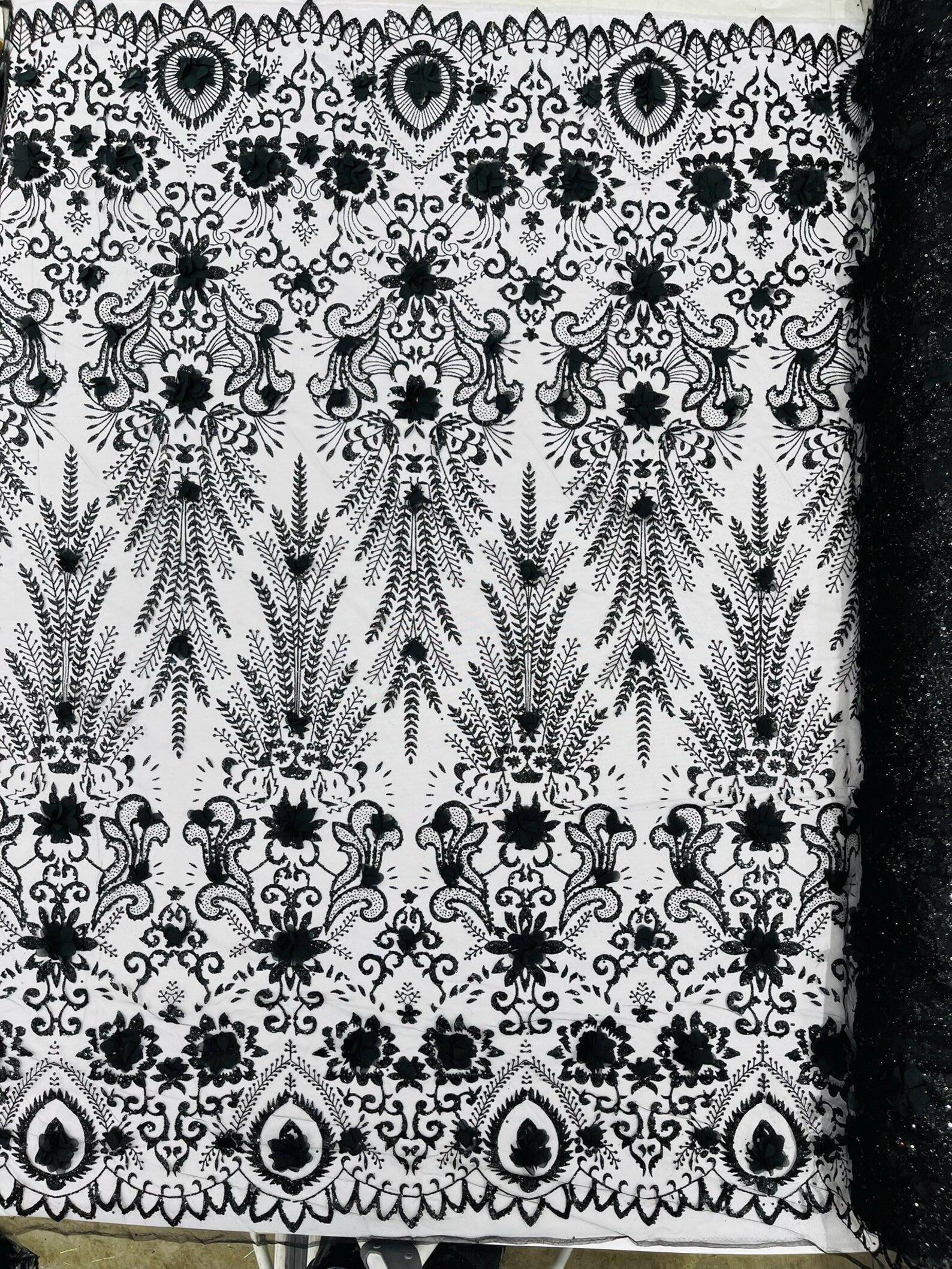 Floral 3D Damask with Glitter Mesh Lace Fabric - Sold By The Yard. Black