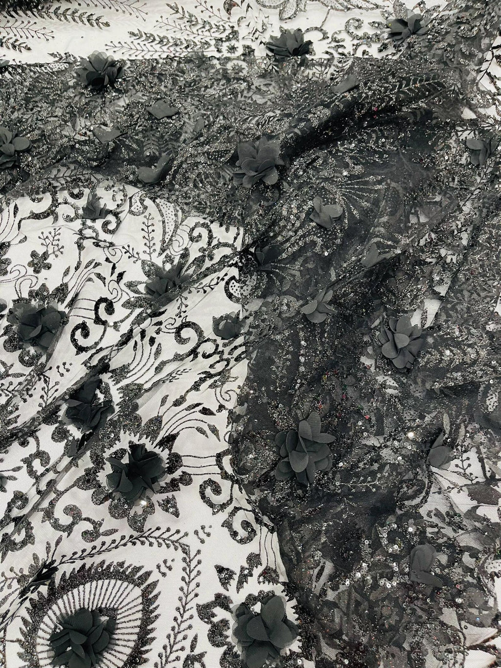 Floral 3D Damask with Glitter Mesh Lace Fabric - Sold By The Yard. Black