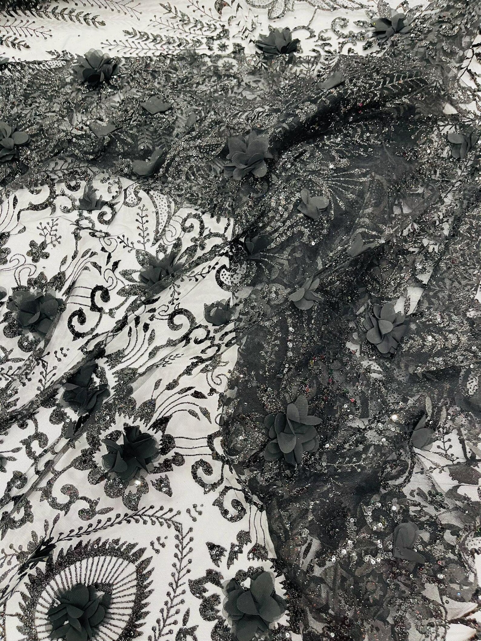 Floral 3D Damask with Glitter Mesh Lace Fabric - Sold By The Yard. Black