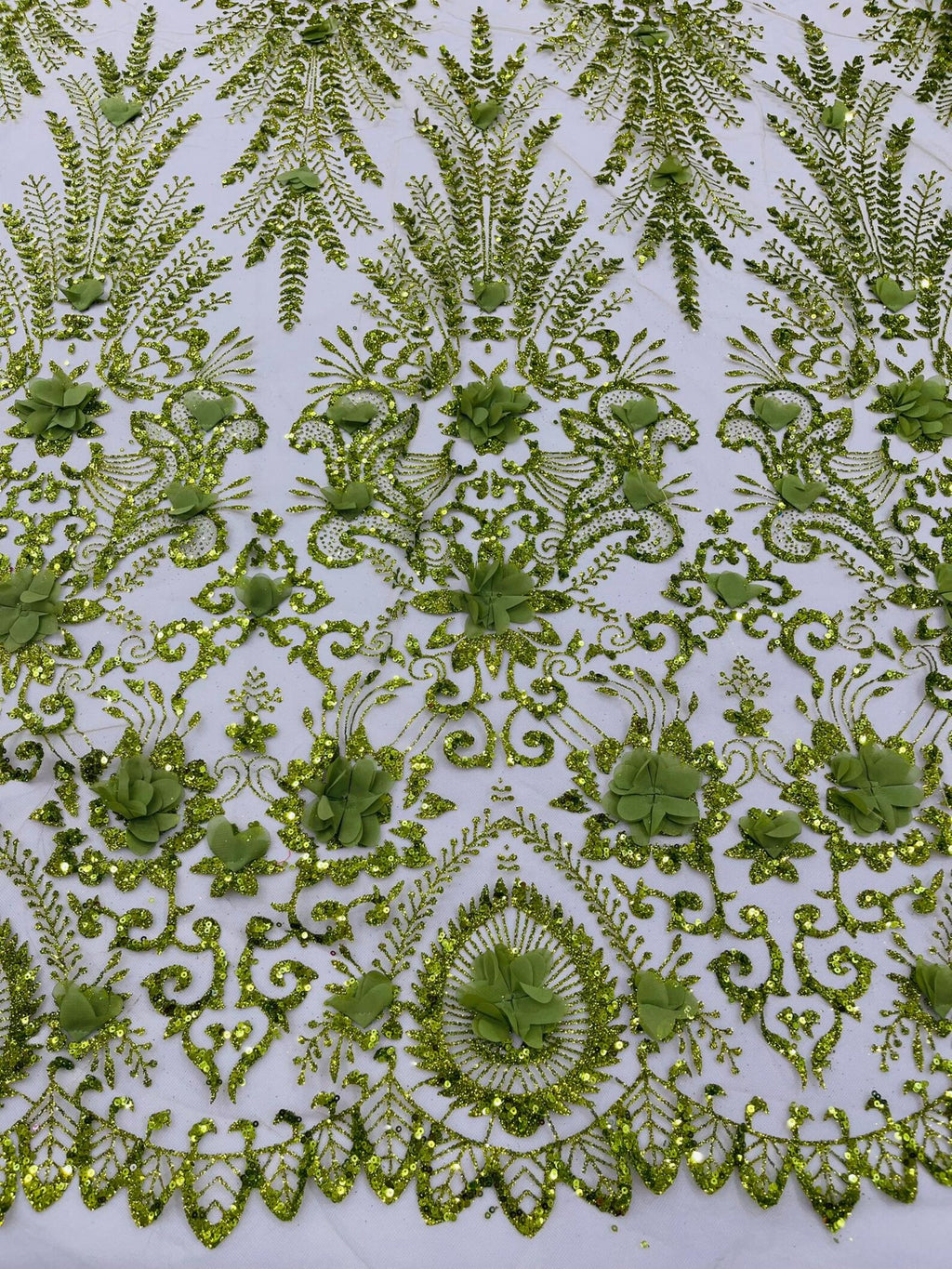Floral 3D Damask with Glitter Mesh Lace Fabric - Sold By The Yard. Olive Green