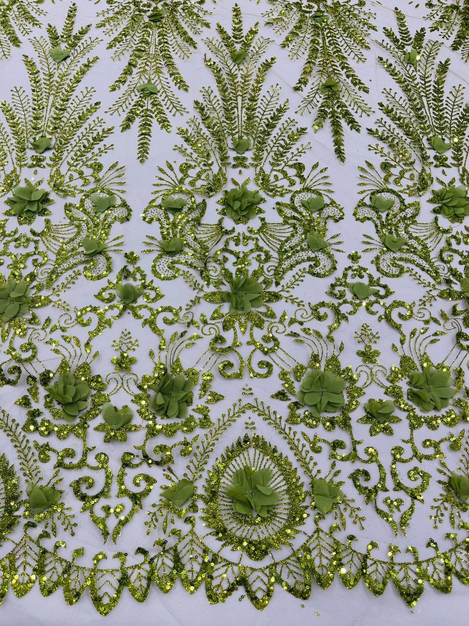 Floral 3D Damask with Glitter Mesh Lace Fabric - Sold By The Yard. Olive Green