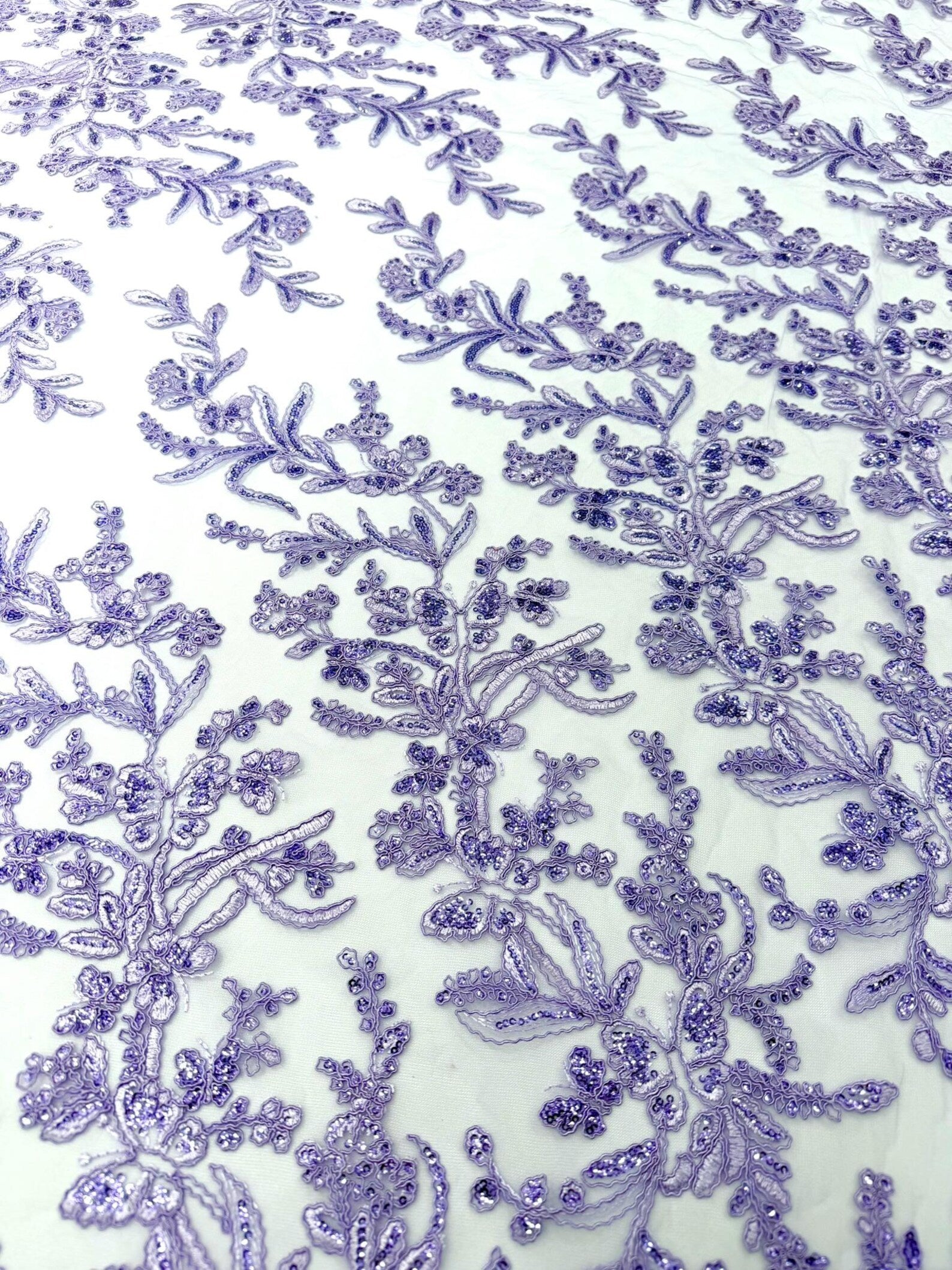 Corded Lace with Butterfly Embroidery and Sequin on Mesh Fabric By The Yard. Lilac