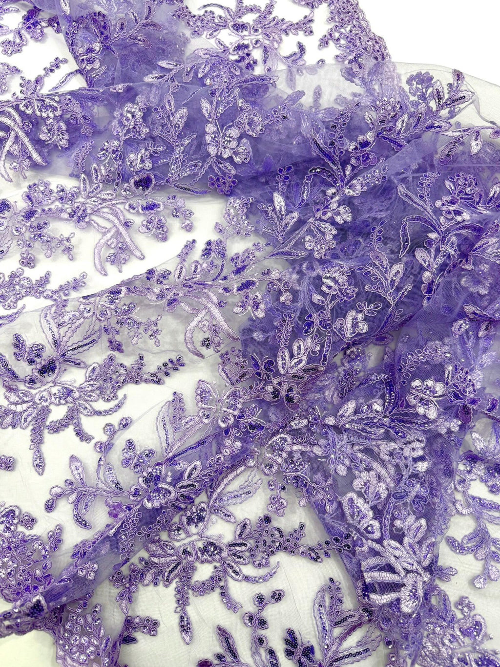 Corded Lace with Butterfly Embroidery and Sequin on Mesh Fabric By The Yard. Lilac
