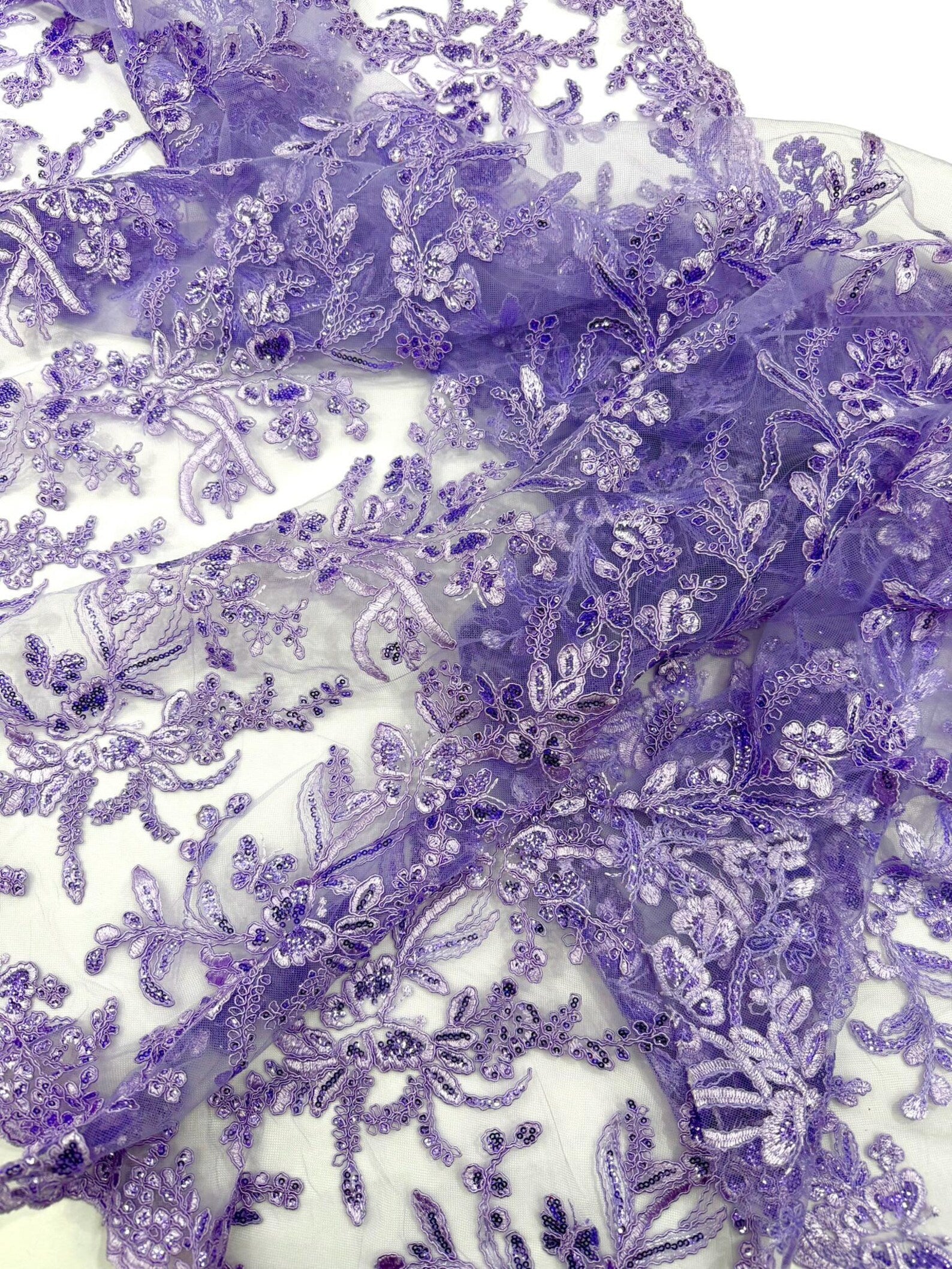 Corded Lace with Butterfly Embroidery and Sequin on Mesh Fabric By The Yard. Lilac