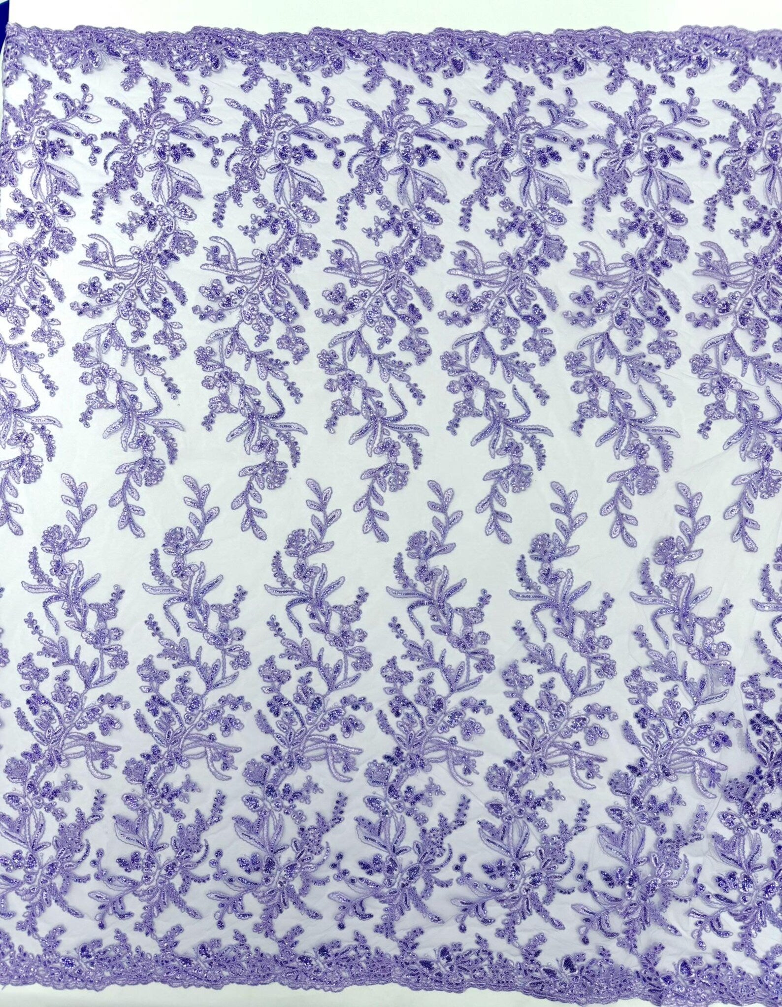 Corded Lace with Butterfly Embroidery and Sequin on Mesh Fabric By The Yard. Lilac
