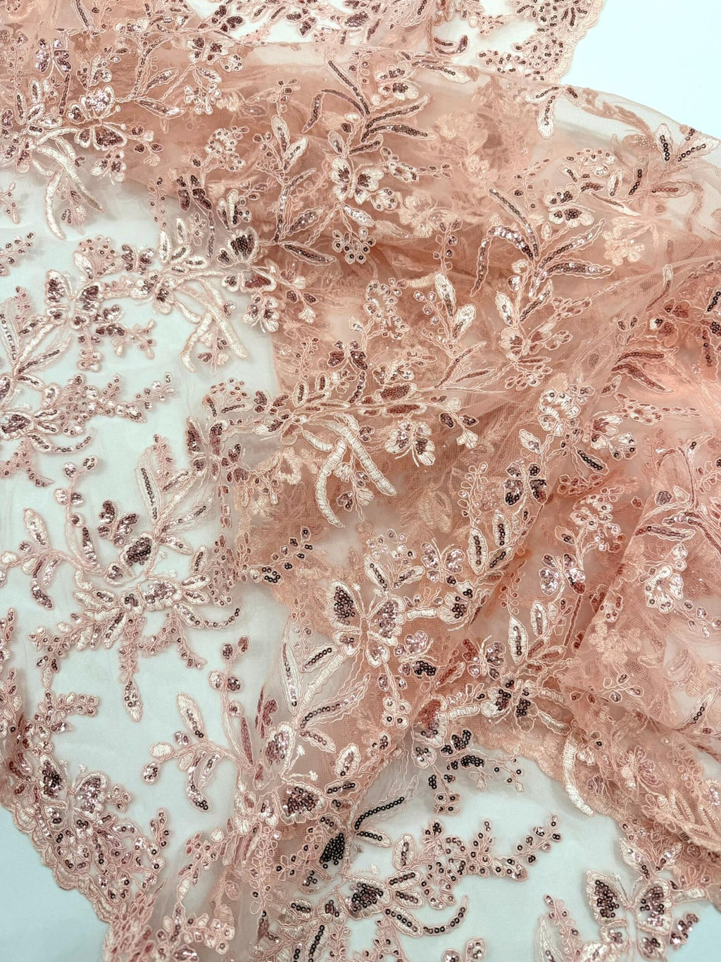 Corded Lace with Butterfly Embroidery and Sequin on Mesh Fabric By The Yard. Pink