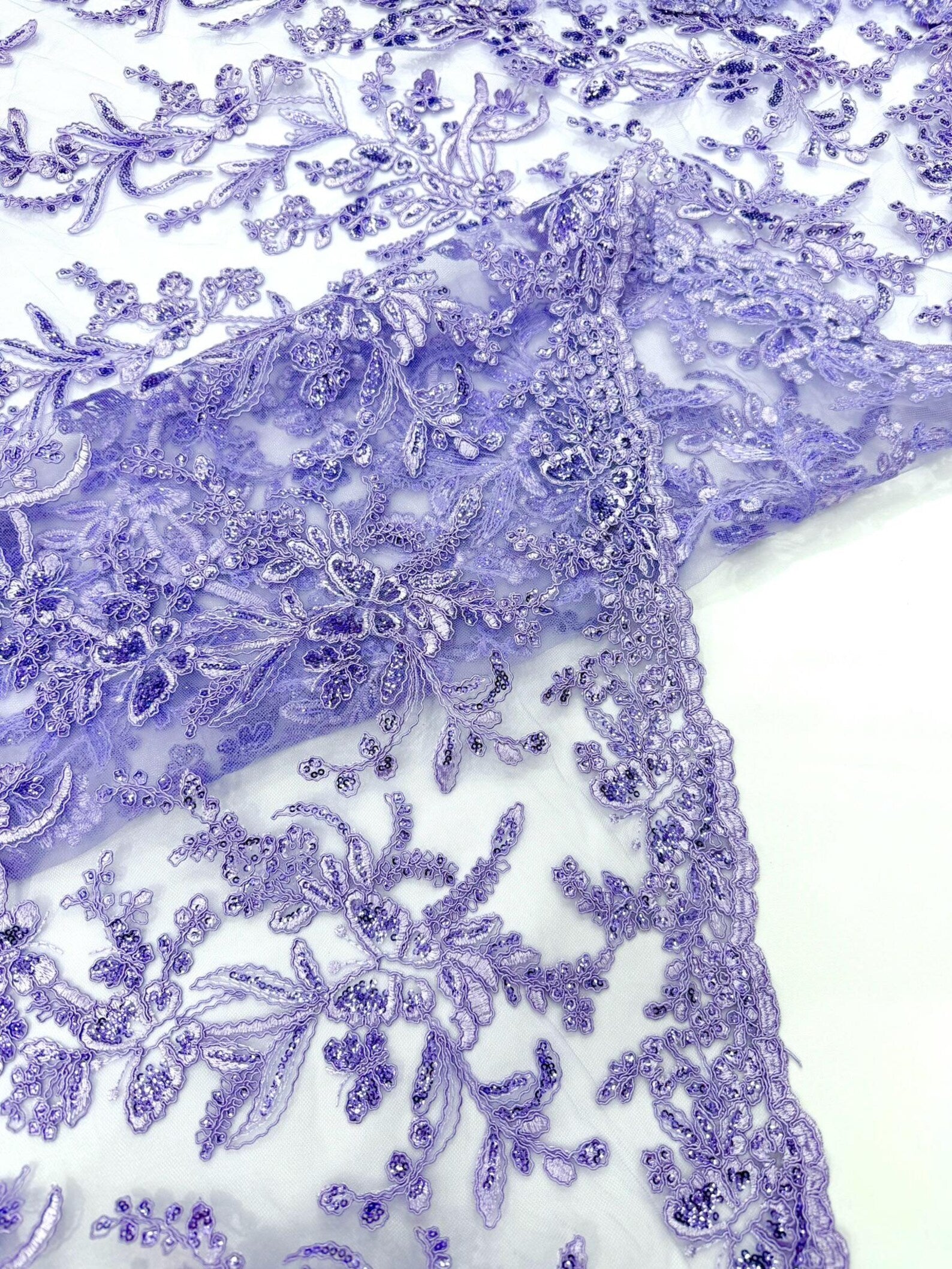 Corded Lace with Butterfly Embroidery and Sequin on Mesh Fabric By The Yard. Lilac