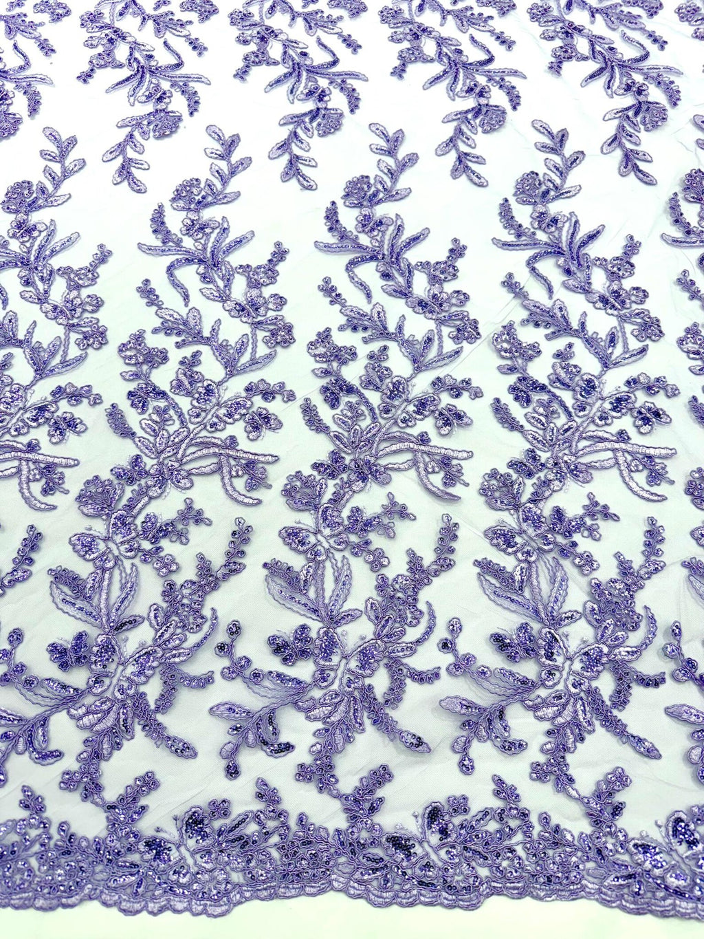 Corded Lace with Butterfly Embroidery and Sequin on Mesh Fabric By The Yard. Lilac