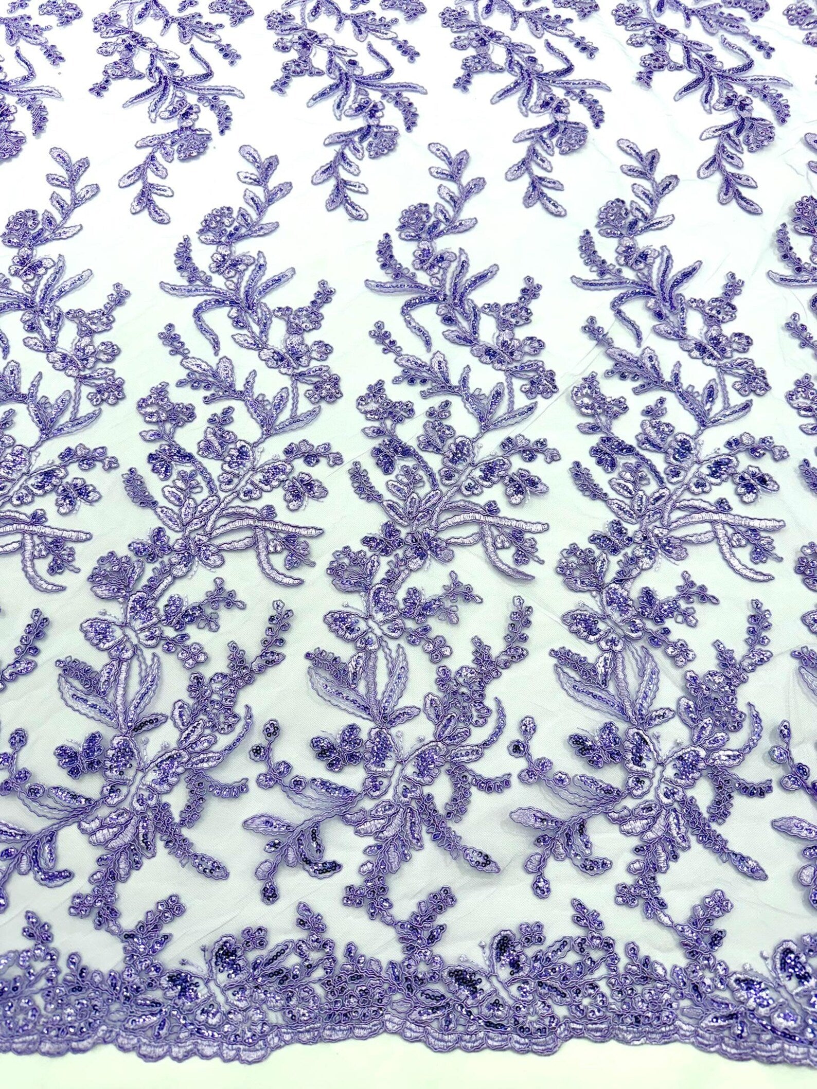 Corded Lace with Butterfly Embroidery and Sequin on Mesh Fabric By The Yard. Lilac