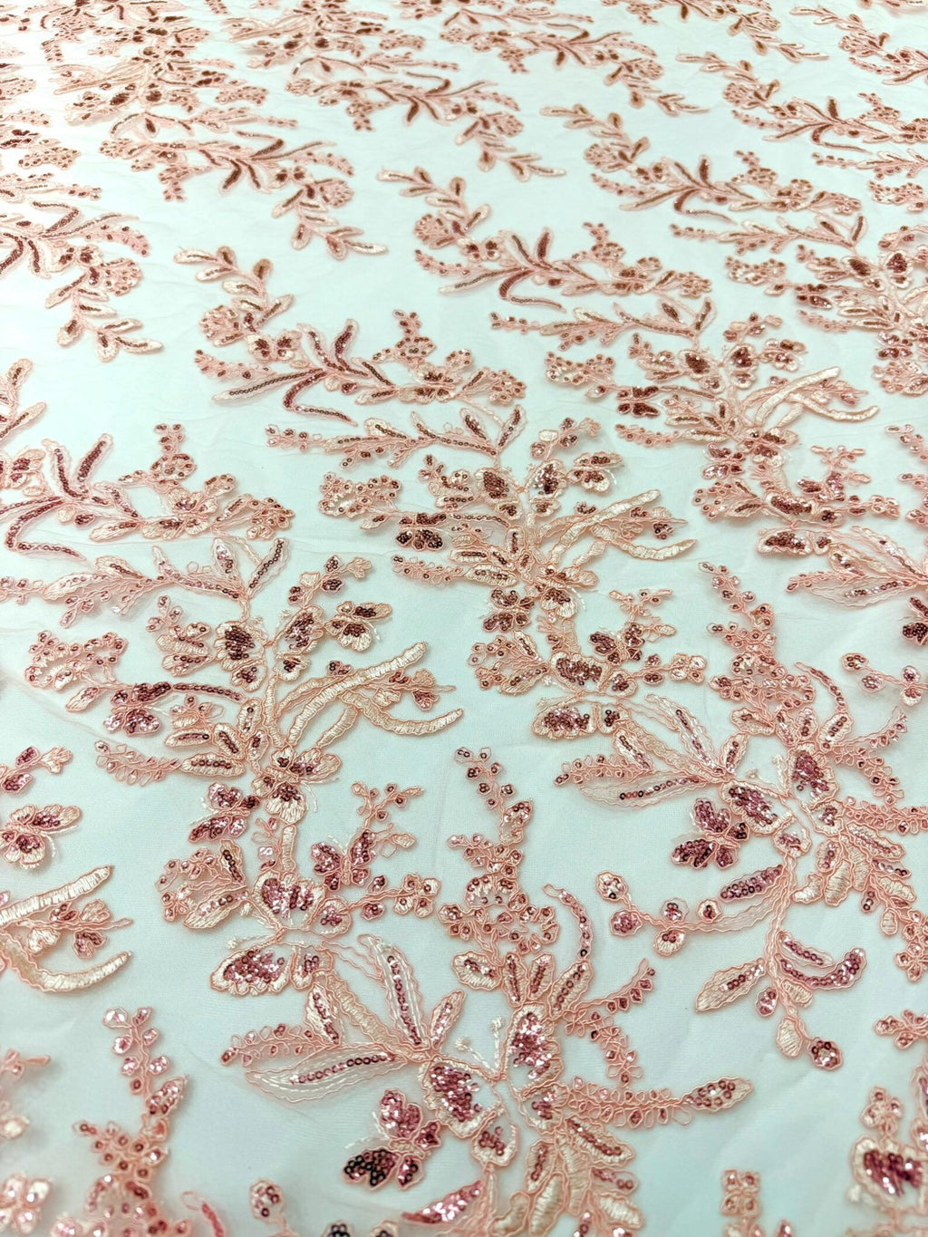 Corded Lace with Butterfly Embroidery and Sequin on Mesh Fabric By The Yard. Pink