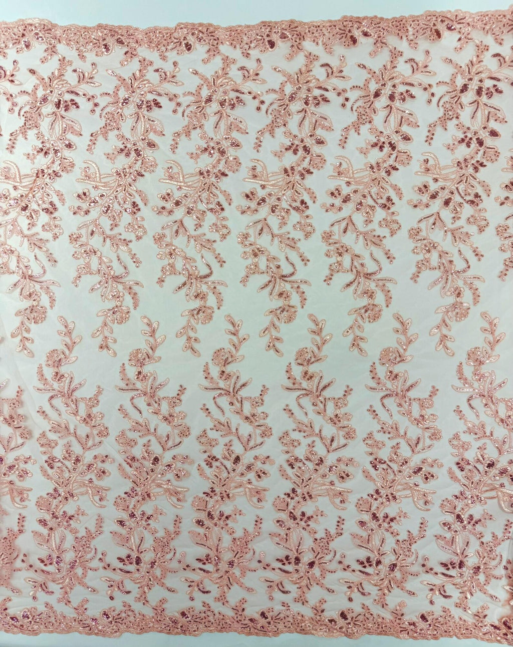 Corded Lace with Butterfly Embroidery and Sequin on Mesh Fabric By The Yard. Pink
