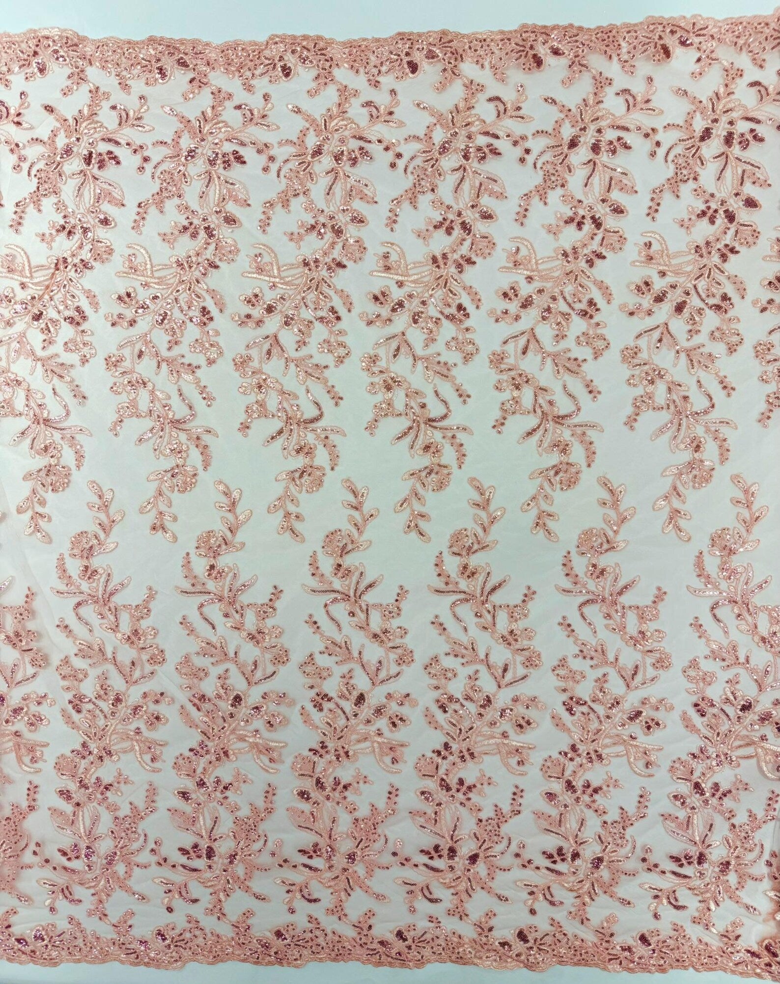 Corded Lace with Butterfly Embroidery and Sequin on Mesh Fabric By The Yard. Pink